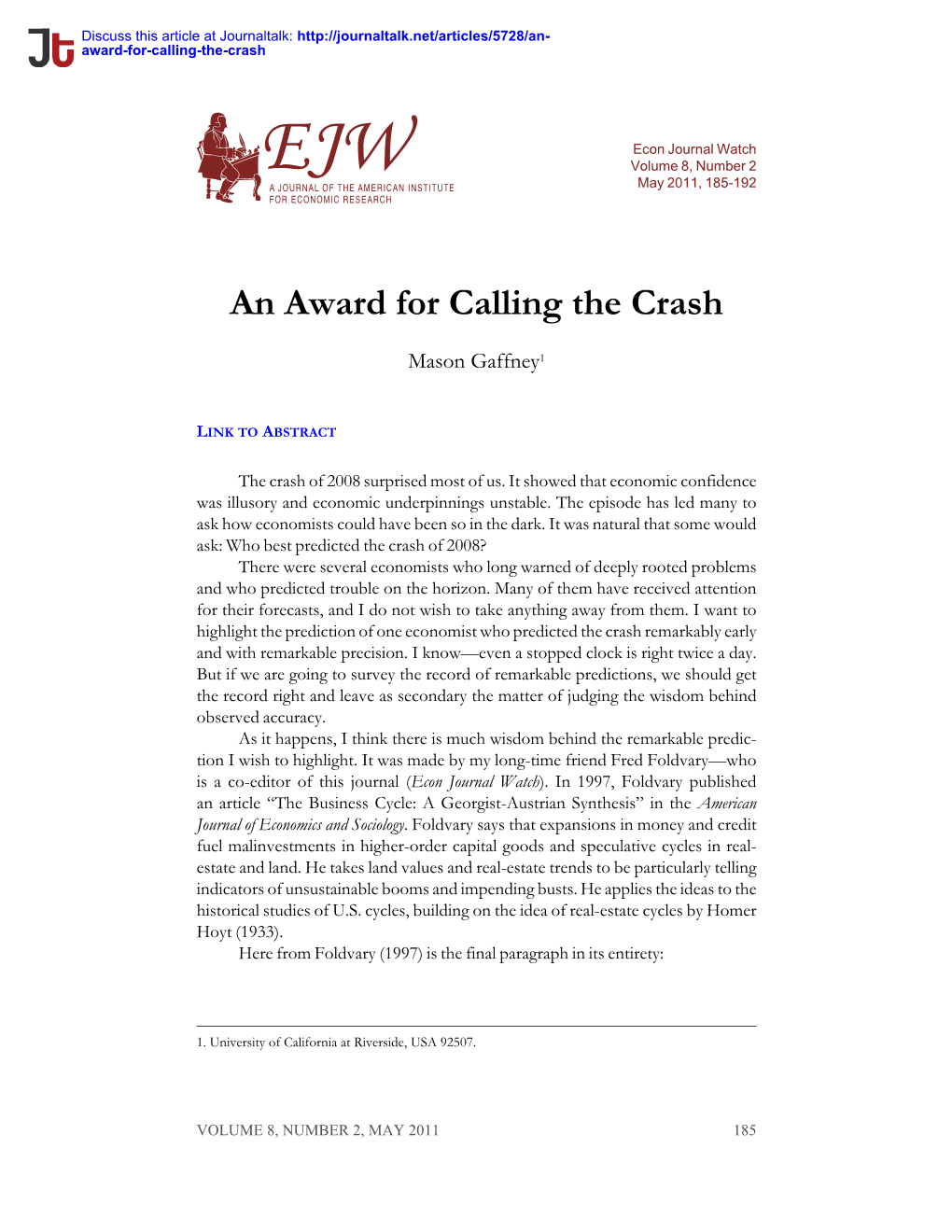 An Award for Calling the Crash · Econ Journal Watch: Fred Foldvary,Crash