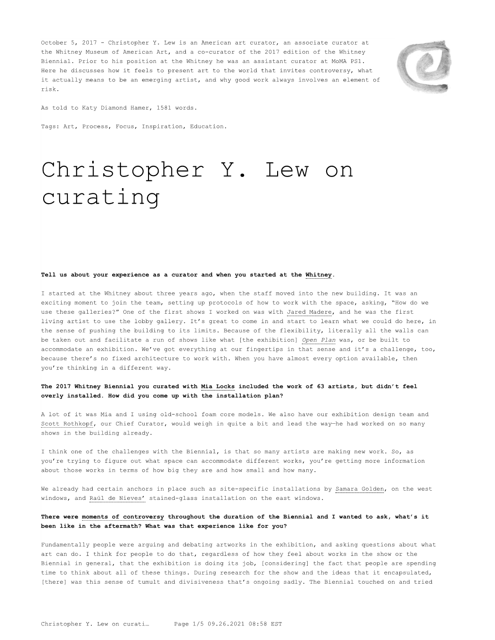 Christopher Y. Lew on Curating