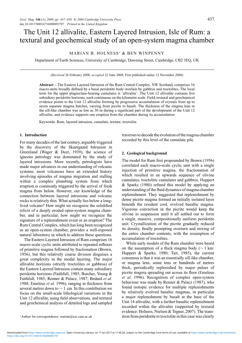 The Unit 12 Allivalite, Eastern Layered Intrusion, Isle of Rum: a Textural and Geochemical Study of an Open-System Magma Chamber