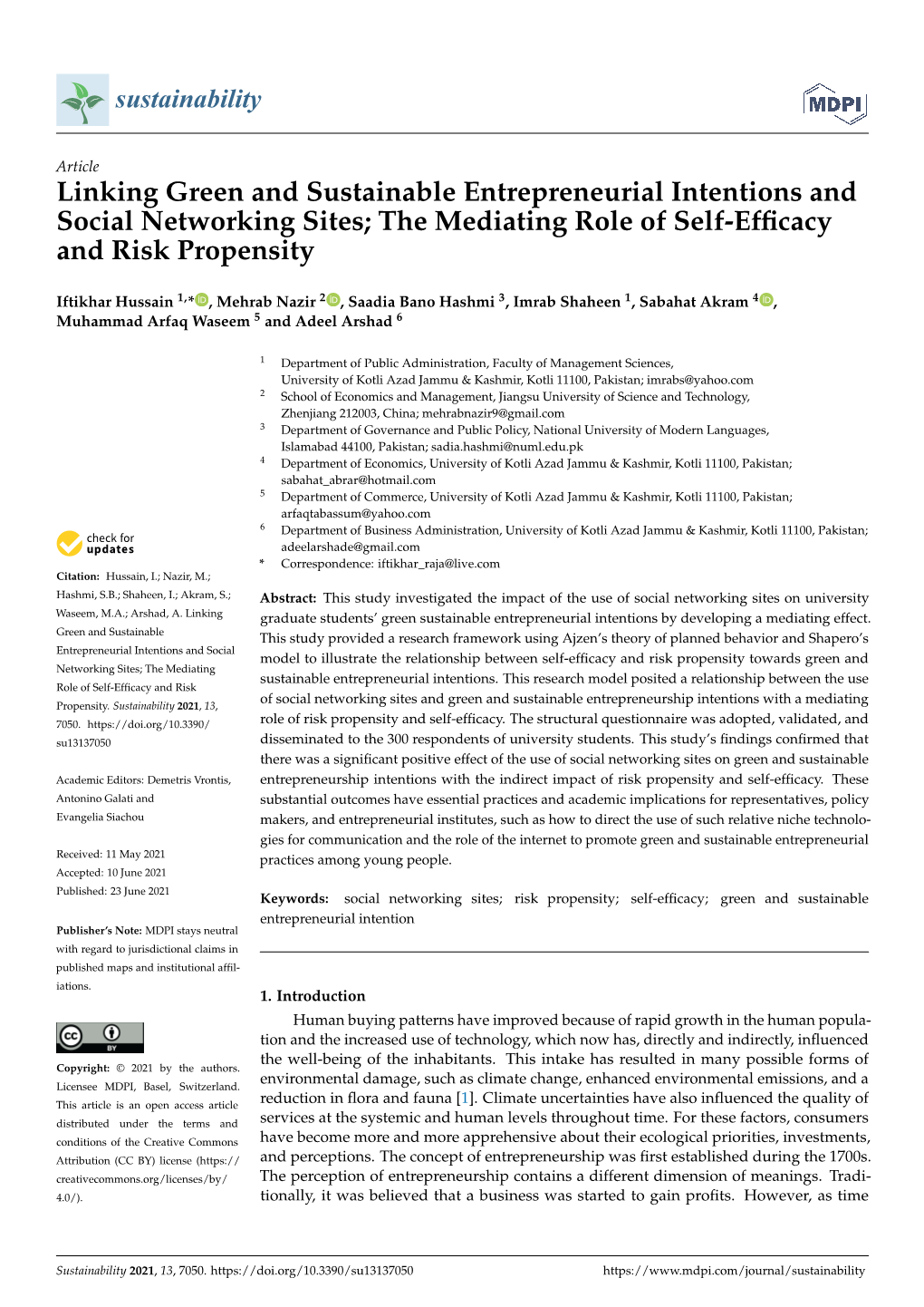 The Mediating Role of Self-Efficacy and Risk Propensity