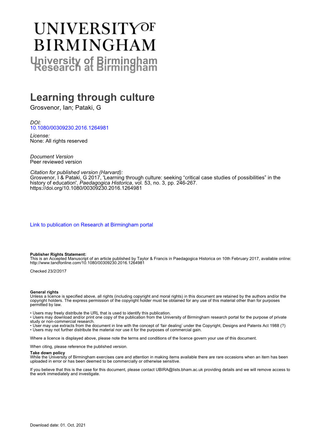 University of Birmingham Learning Through Culture