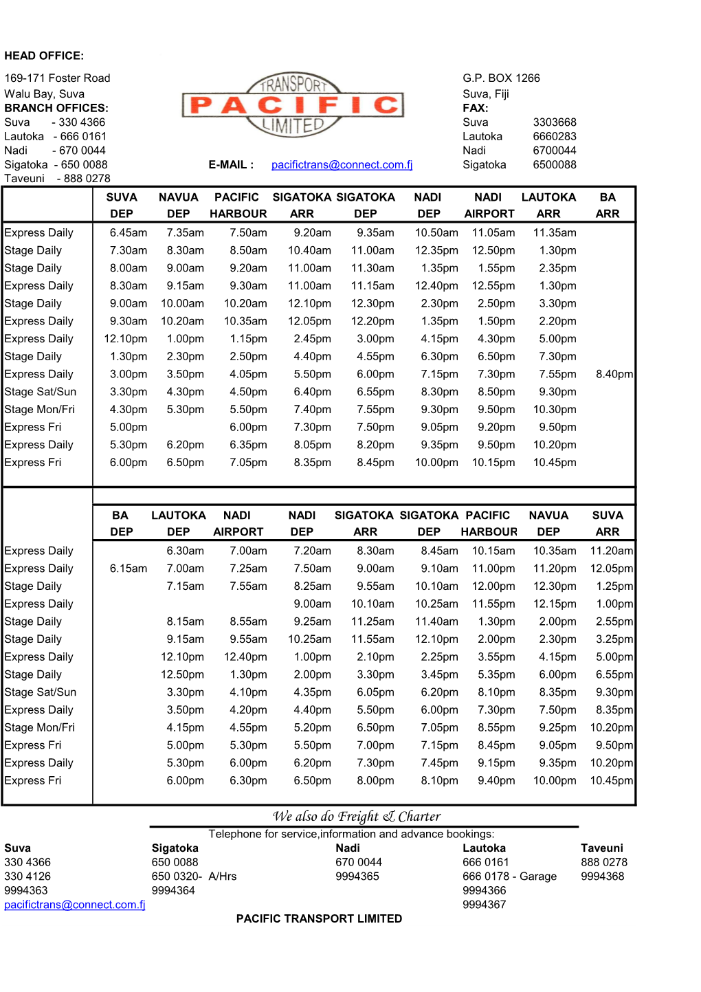 Copy of Pacific Transport Ltd Timetable, Fare Table