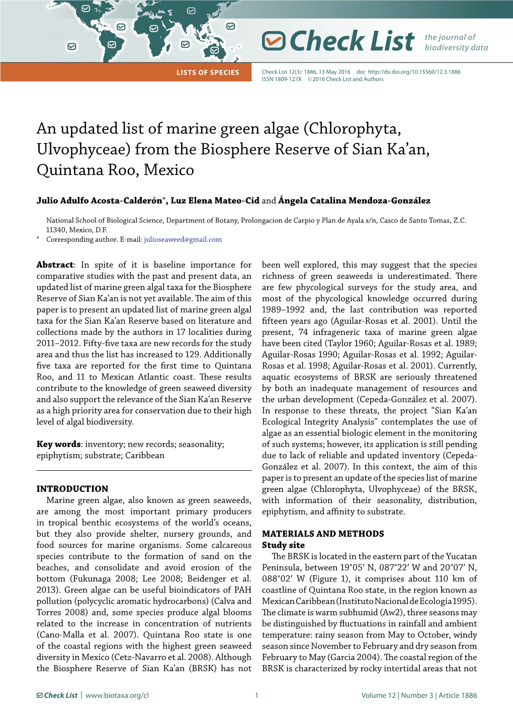 An Updated List of Marine Green Algae (Chlorophyta, Ulvophyceae) from the Biosphere Reserve of Sian Ka’An, Quintana Roo, Mexico