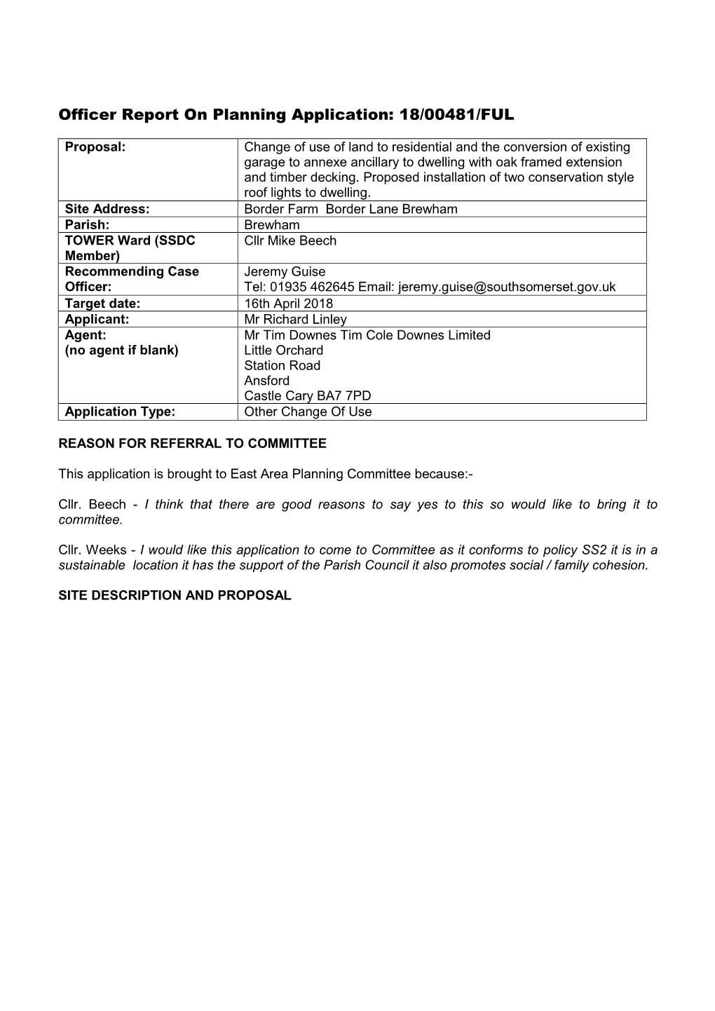 Officer Report on Planning Application: 18/00481/FUL