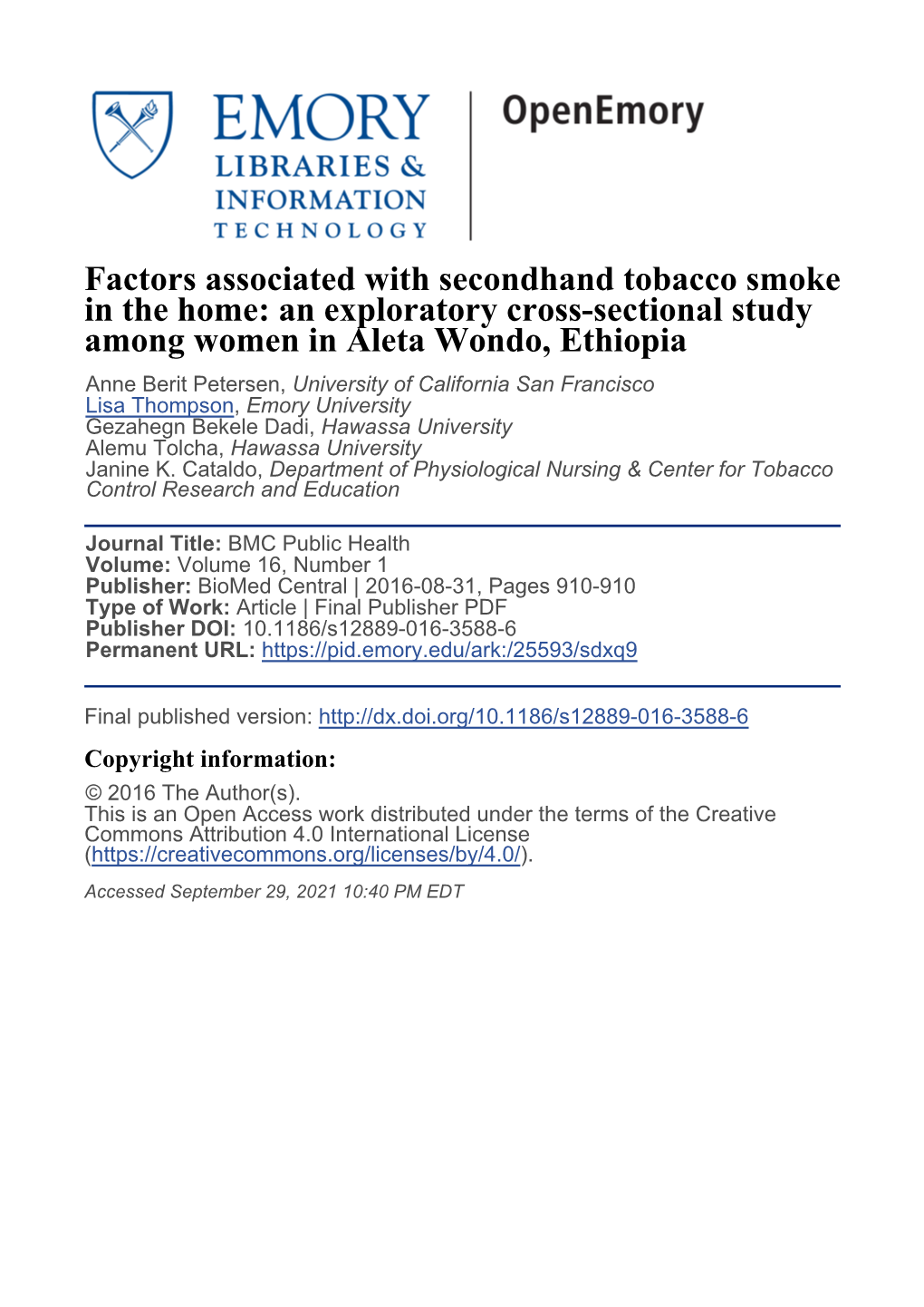 Factors Associated with Secondhand Tobacco Smoke in the Home: An