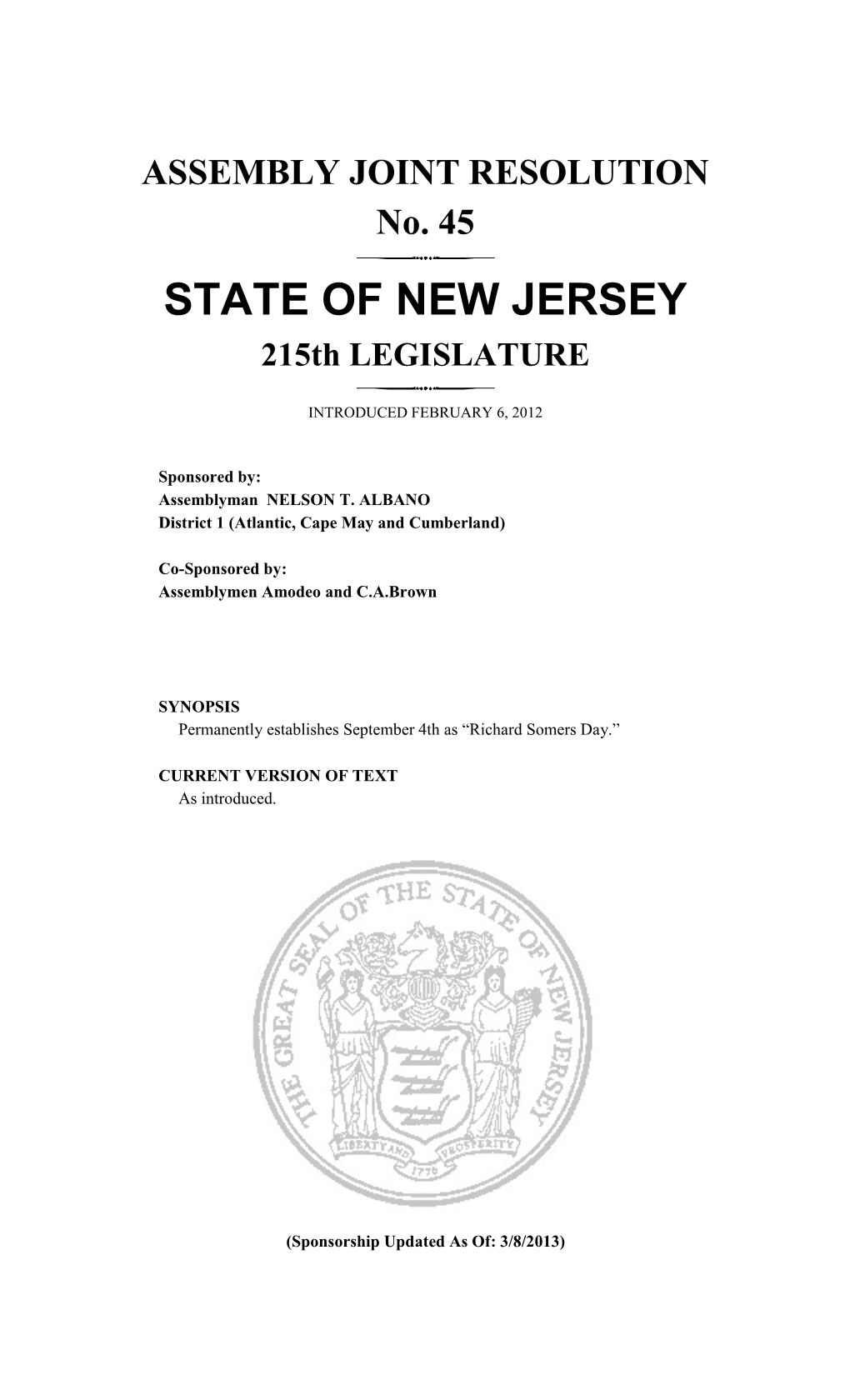 STATE of NEW JERSEY 215Th LEGISLATURE