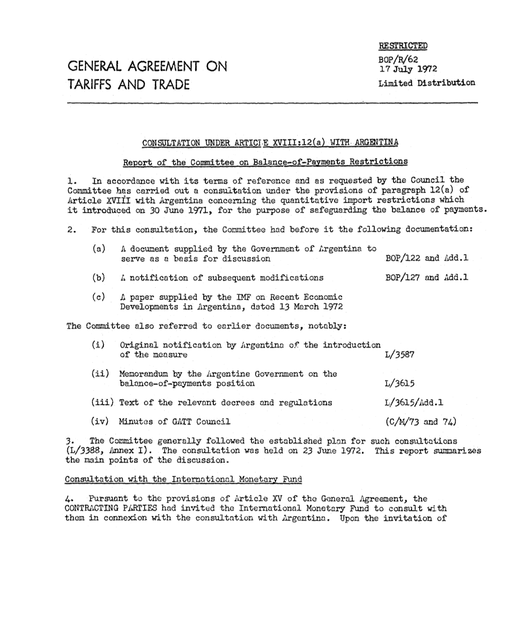 BOP/R/62 TARIFFS and TRADE Limited Distribution