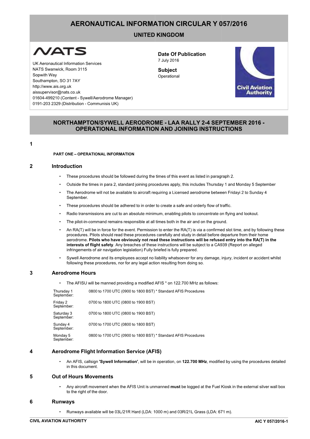 Aeronautical Information Circular Y 057/2016 United Kingdom