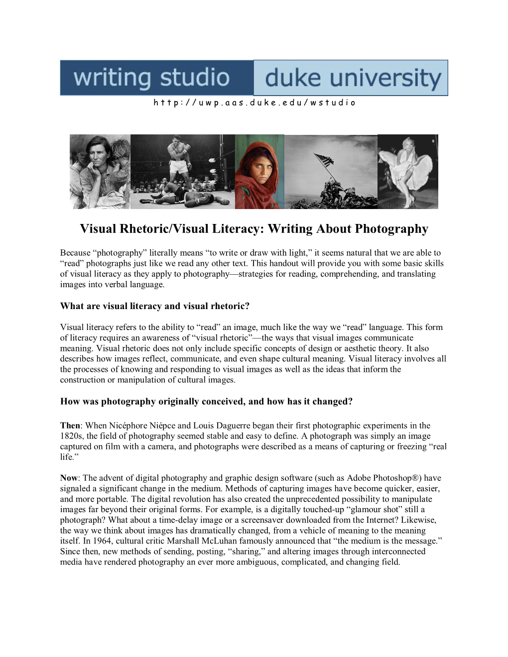 Visual Rhetoric/Visual Literacy: Writing About Photography