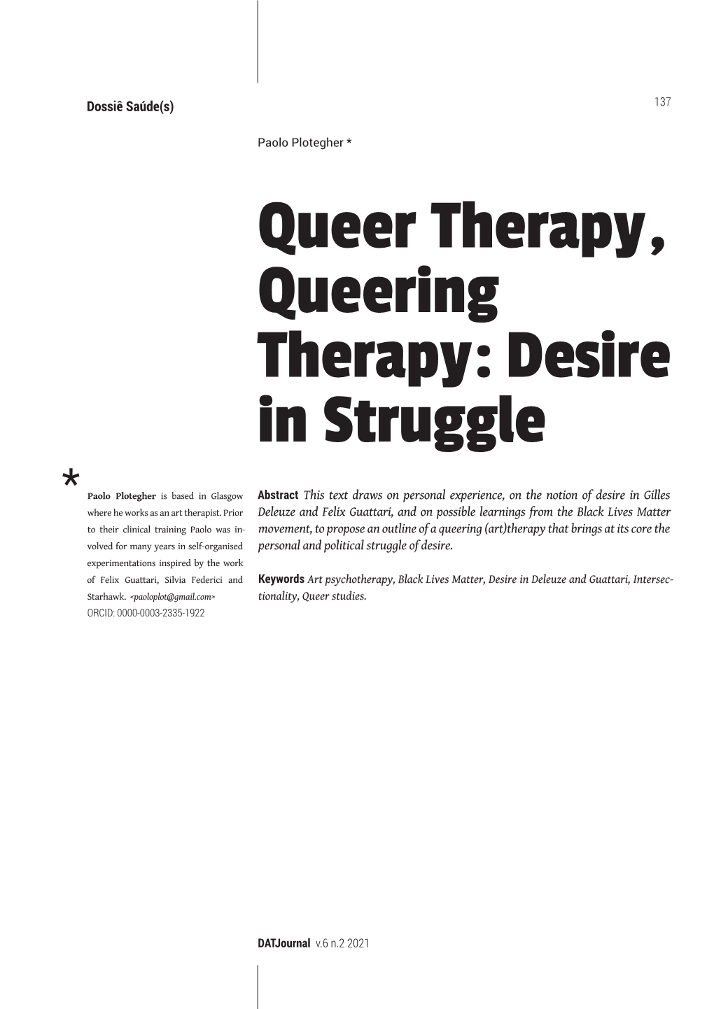 Queer Therapy, Queering Therapy: Desire in Struggle