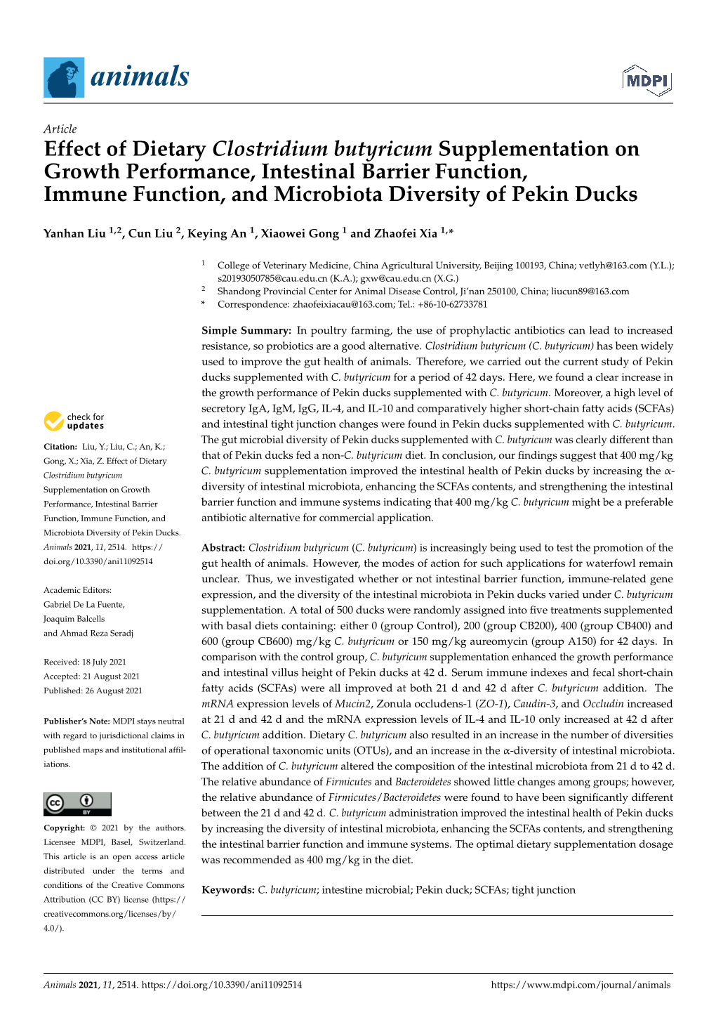 Effect of Dietary Clostridium Butyricum Supplementation on Growth Performance, Intestinal Barrier Function, Immune Function, and Microbiota Diversity of Pekin Ducks