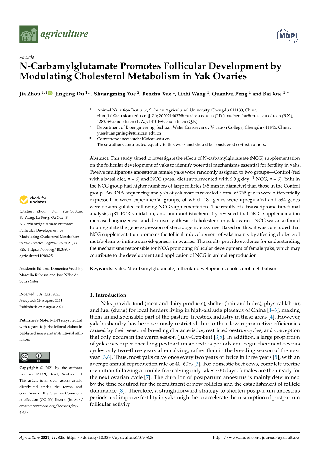 N-Carbamylglutamate Promotes Follicular Development by Modulating Cholesterol Metabolism in Yak Ovaries