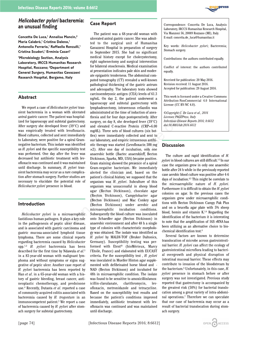 Helicobacter Pylori Bacteremia: an Unusual Finding