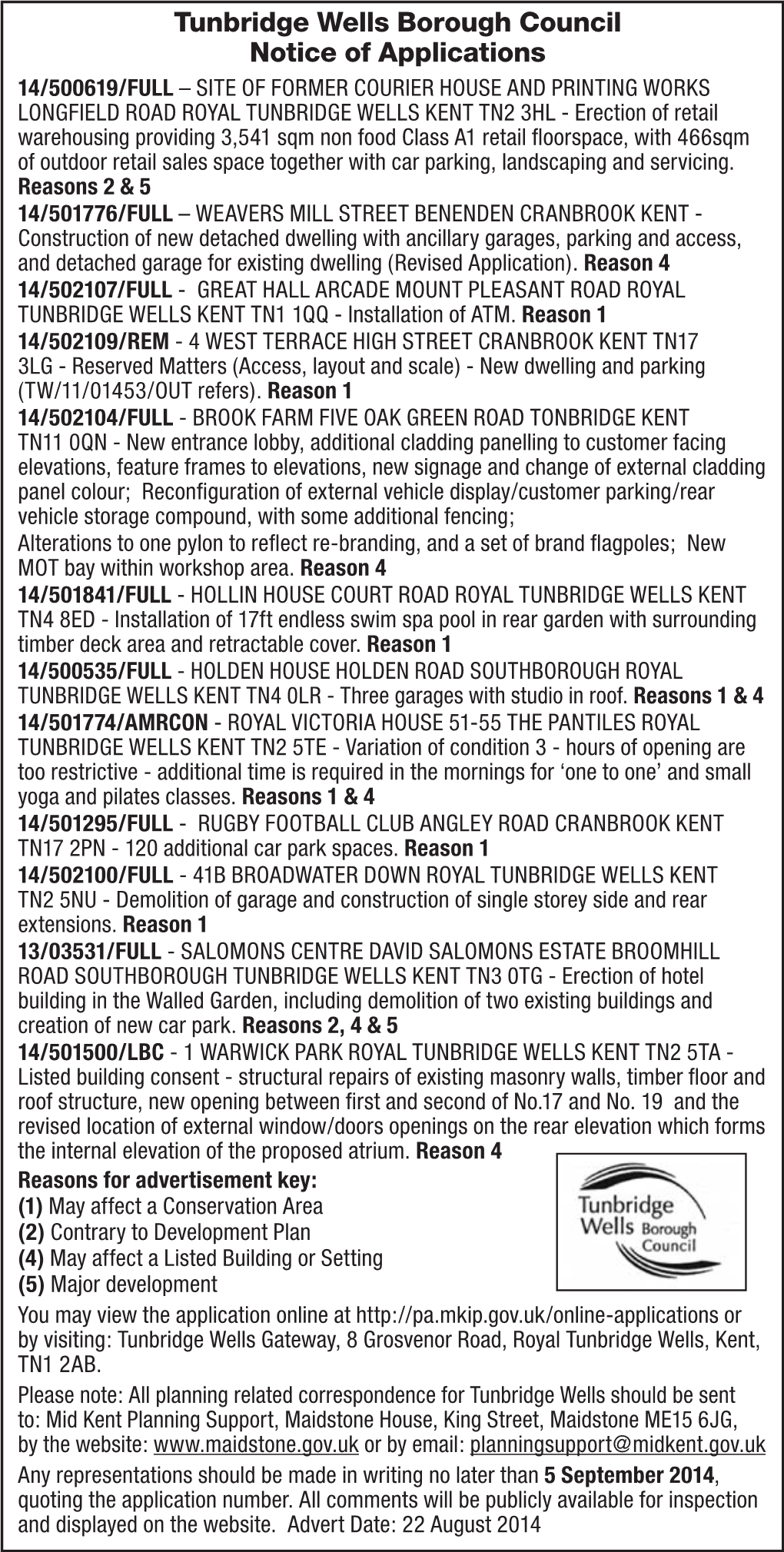 Tunbridge Wells Borough Council Notice of Applications