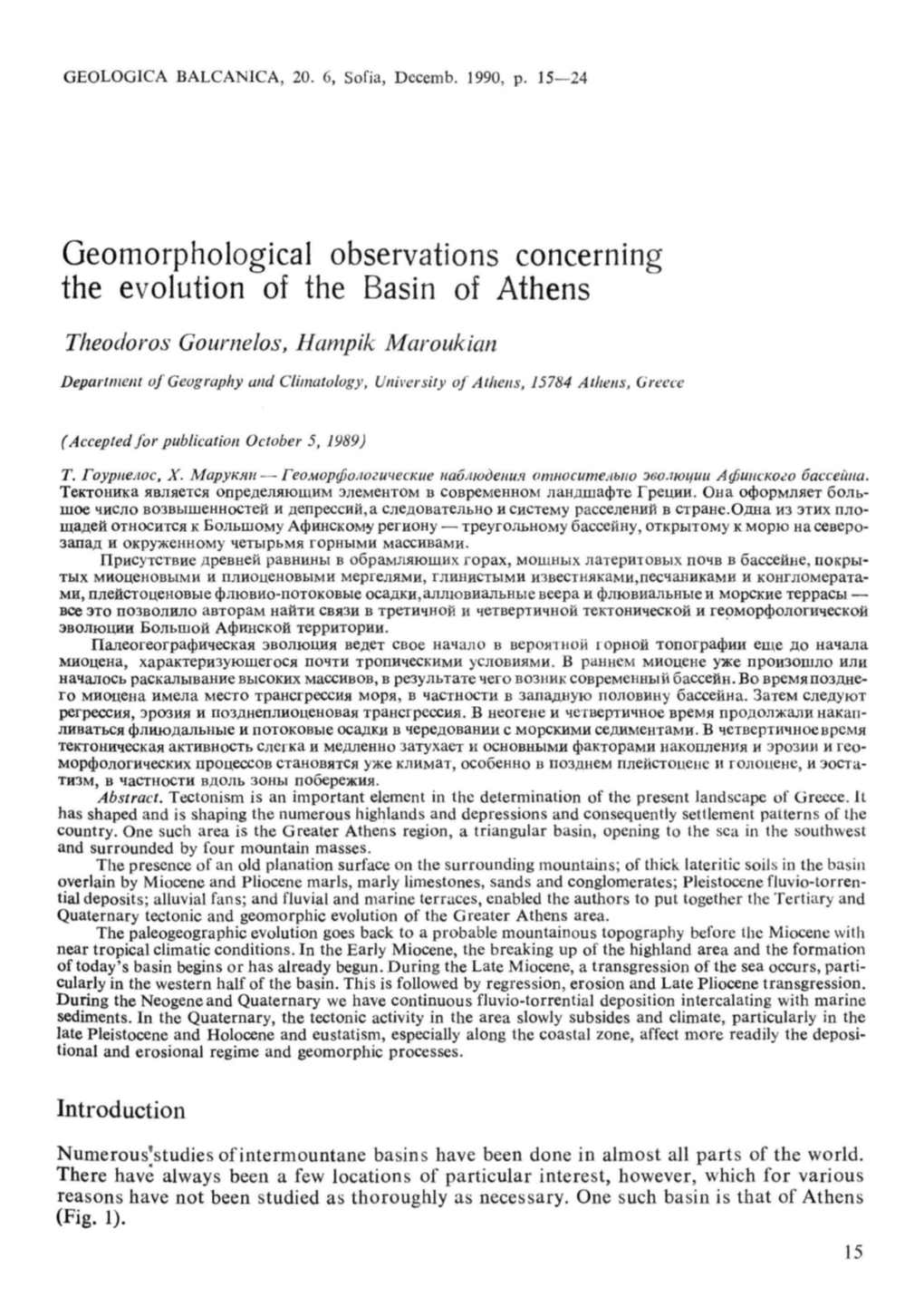 Geomorphological Observations Concernmg the Evolution of the Basin of Athens