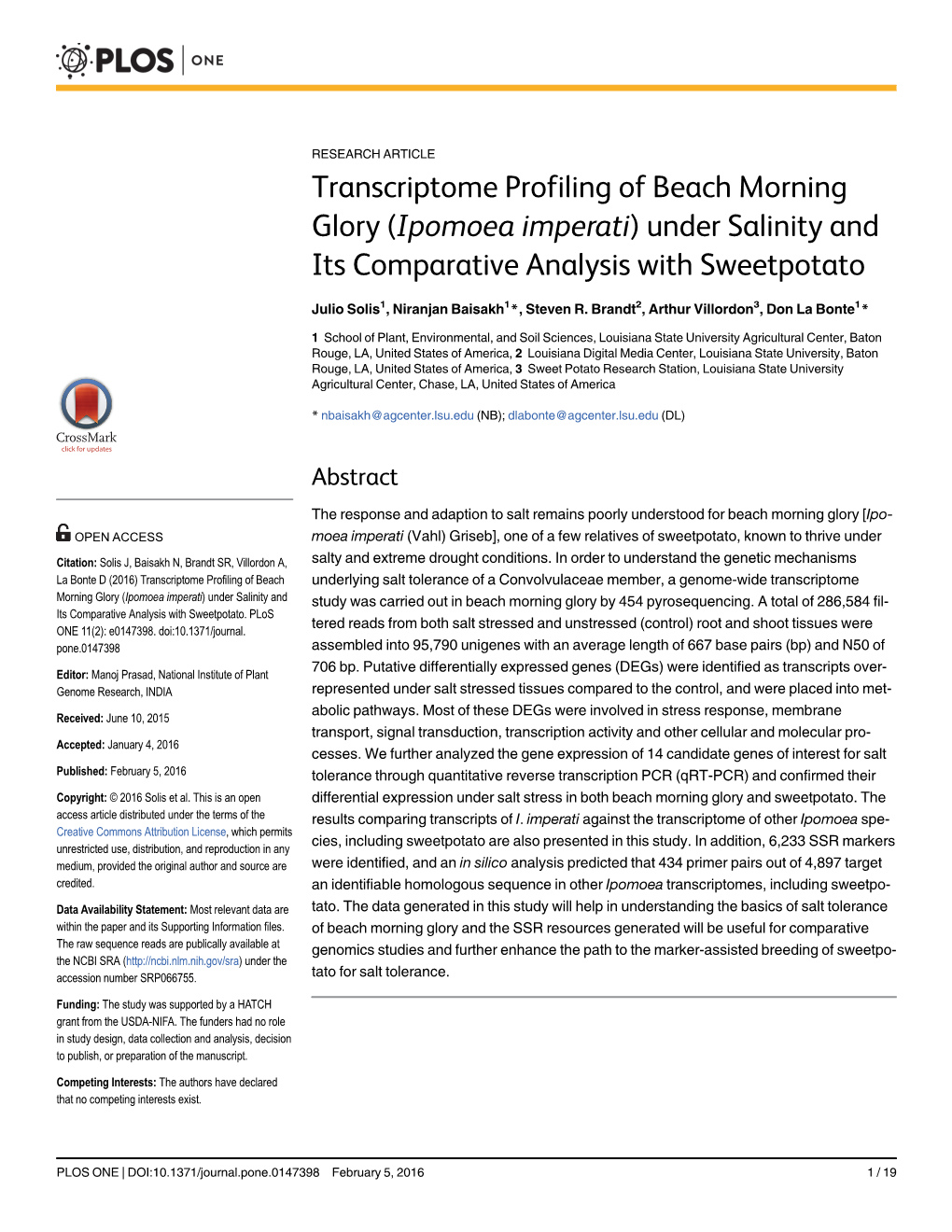 Transcriptome Profiling of Beach Morning Glory (Ipomoea Imperati) Under Salinity and Its Comparative Analysis with Sweetpotato