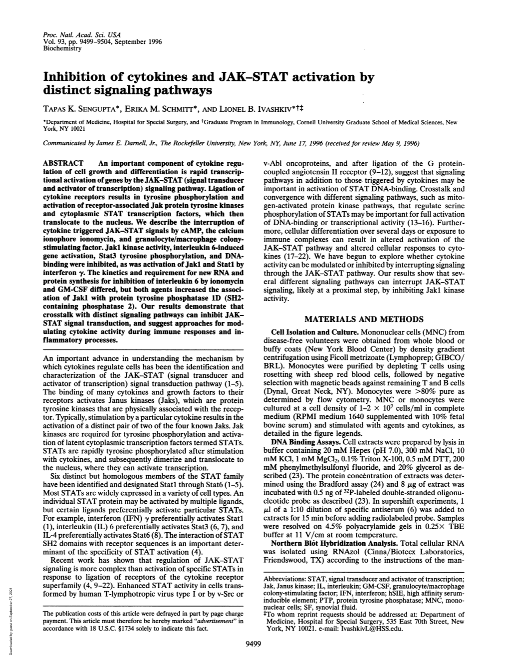 Inhibition of Cytokines and JAK-STAT Activation by Distinct Signaling Pathways TAPAS K