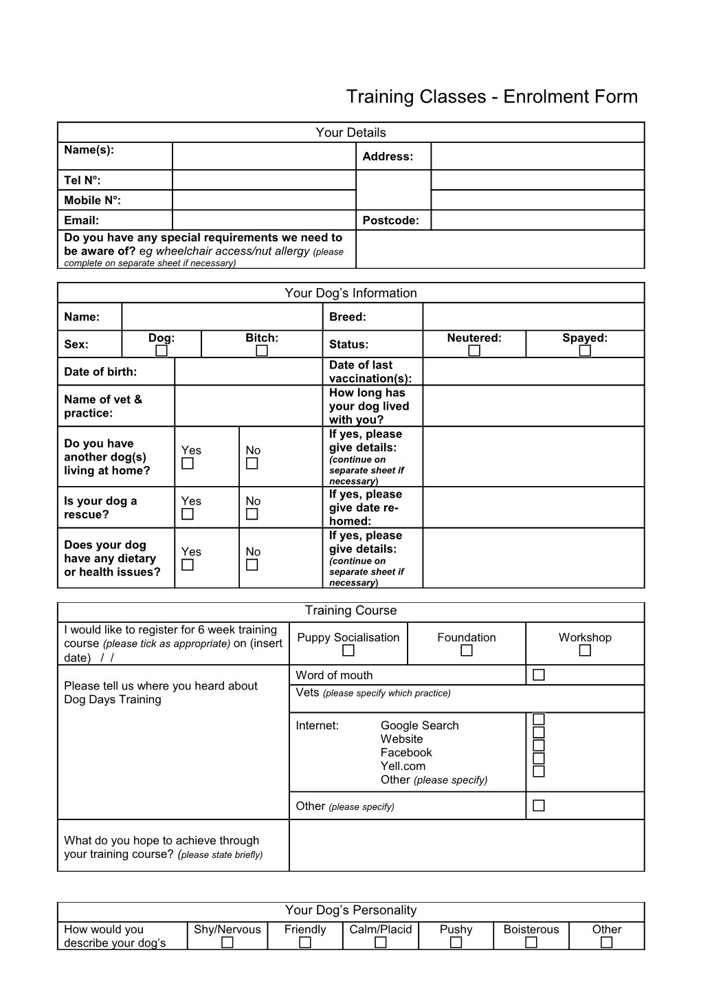 Training Classes - Enrolment Form