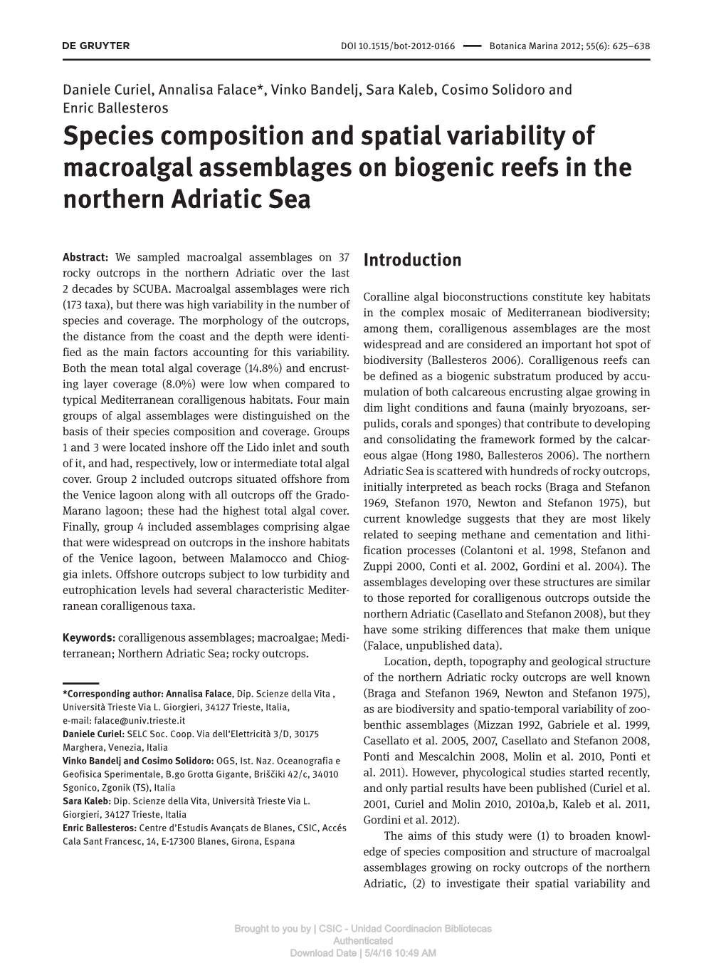Species Composition and Spatial Variability of Macroalgal Assemblages on Biogenic Reefs in the Northern Adriatic Sea