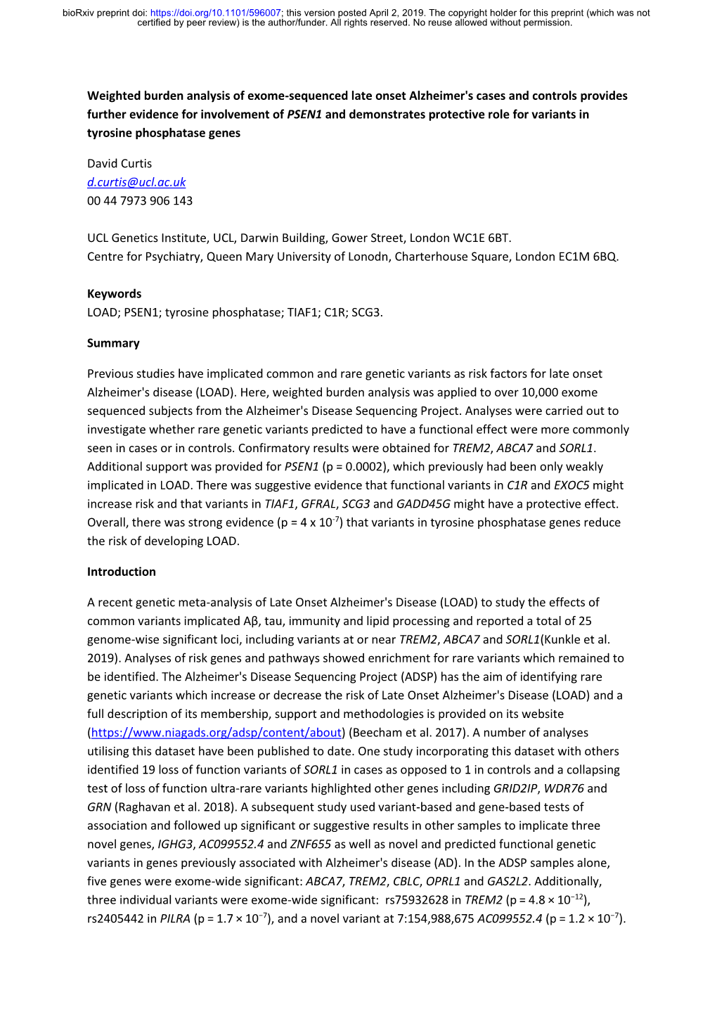 Weighted Burden Analysis of Exome-Sequenced Late