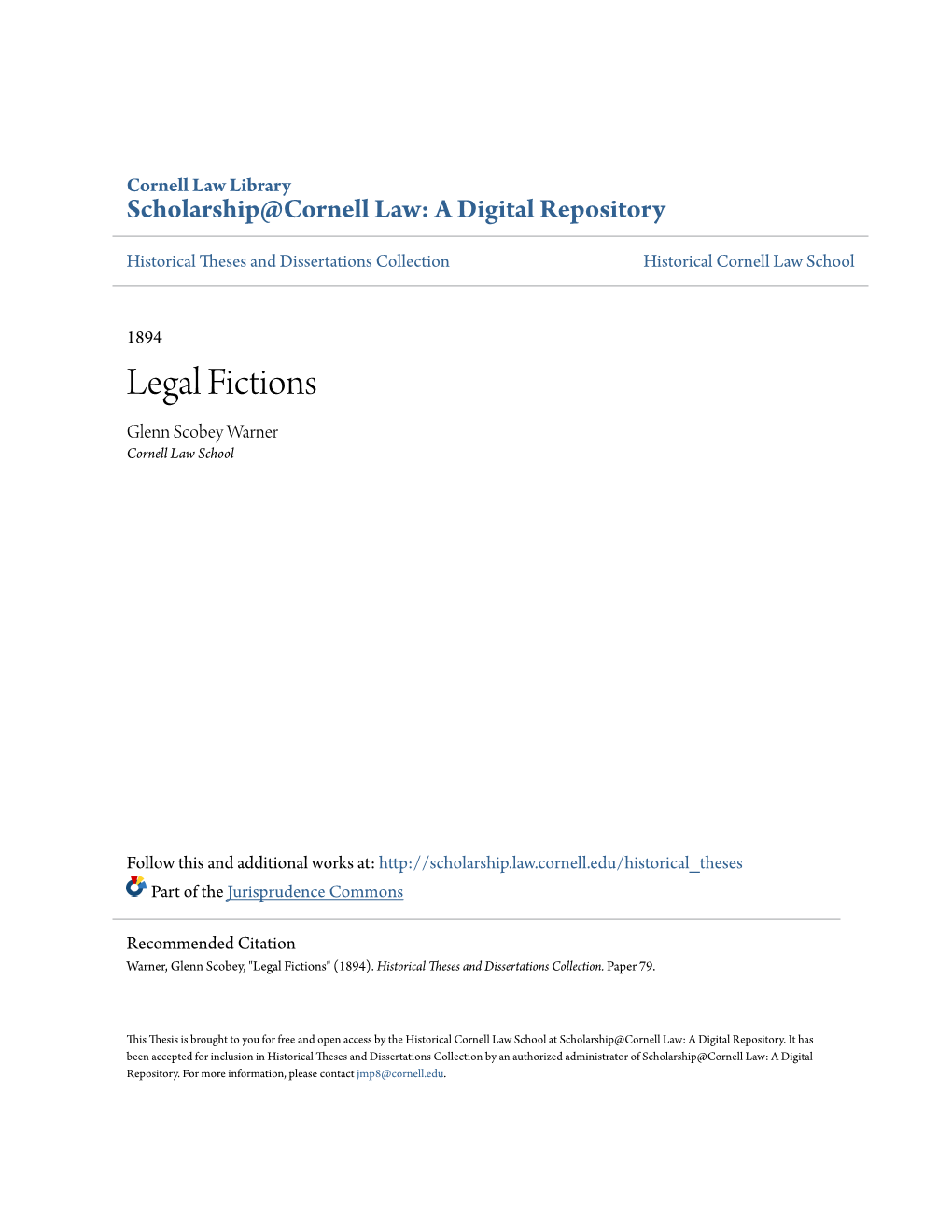 Legal Fictions Glenn Scobey Warner Cornell Law School