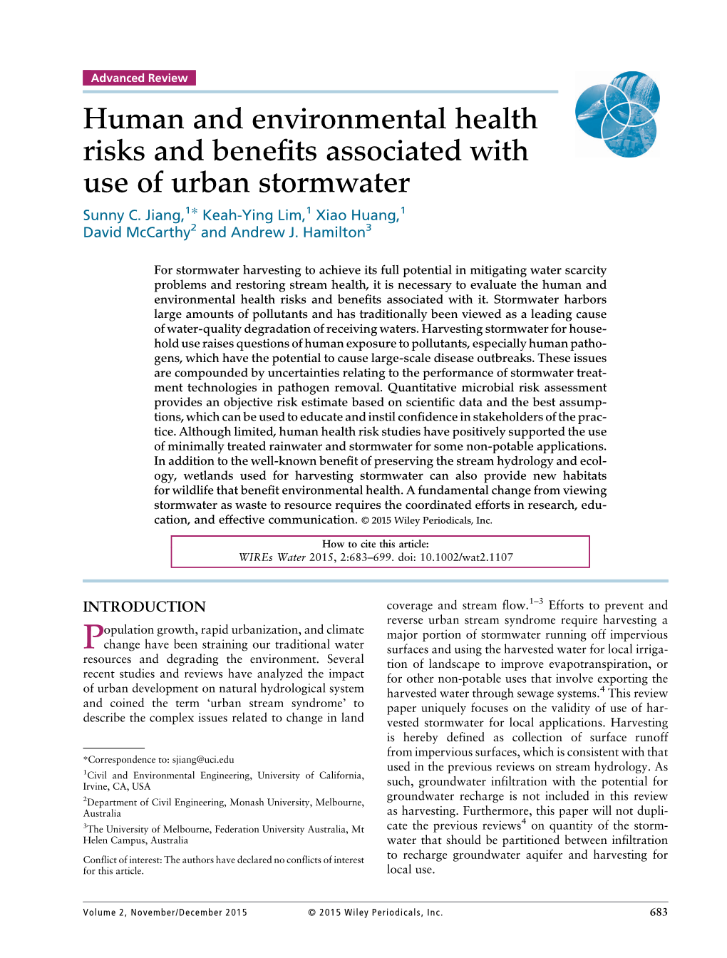 Human and Environmental Health Risks and Benefits Associated with Use of Urban Stormwater Sunny C