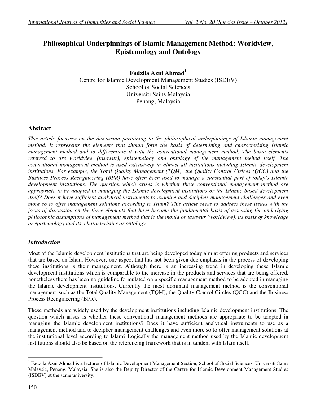 Philosophical Underpinnings of Islamic Management Method: Worldview, Epistemology and Ontology