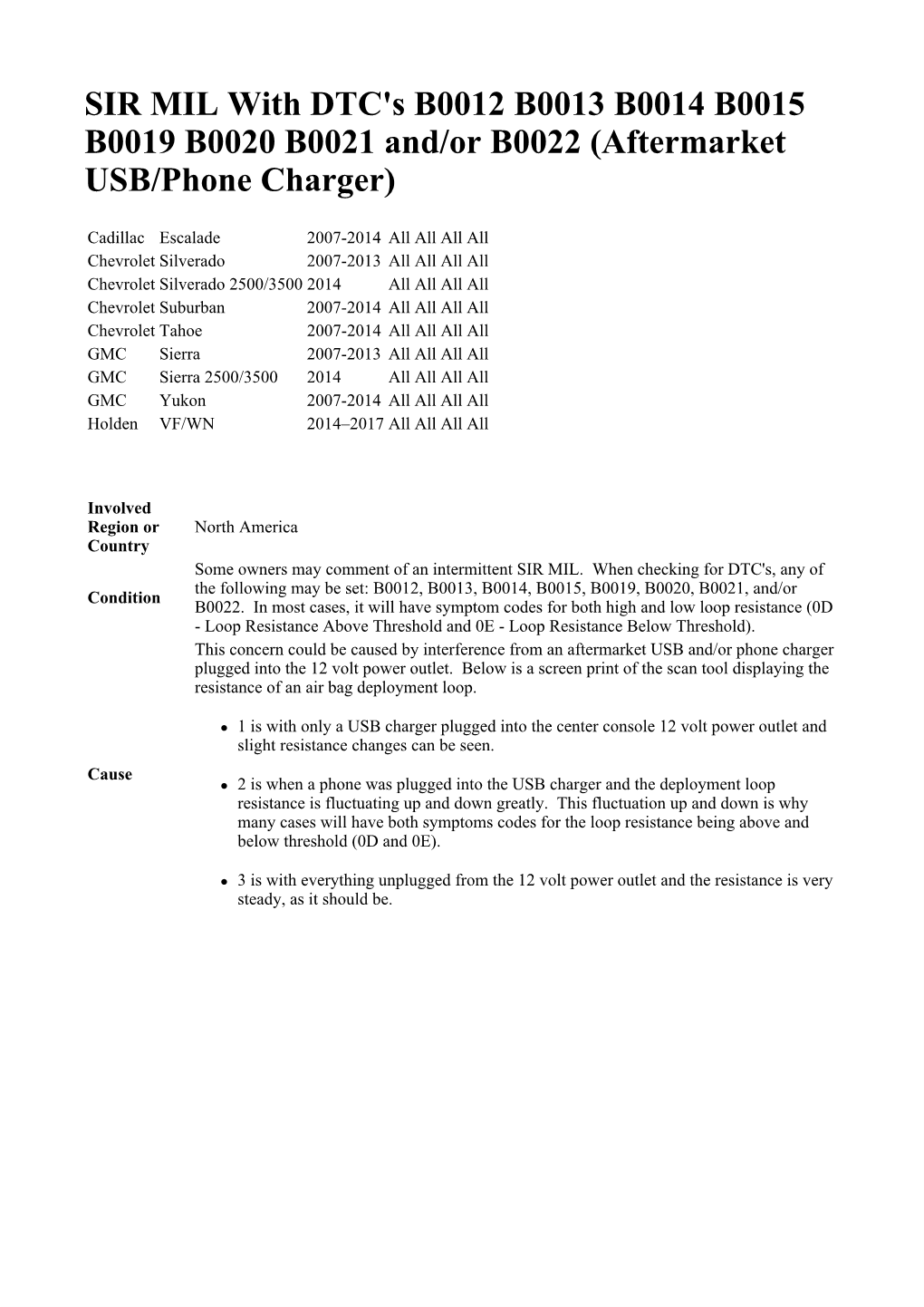 SIR MIL with DTC's B0012 B0013 B0014 B0015 B0019 B0020 B0021 And/Or B0022 (Aftermarket USB/Phone Charger)