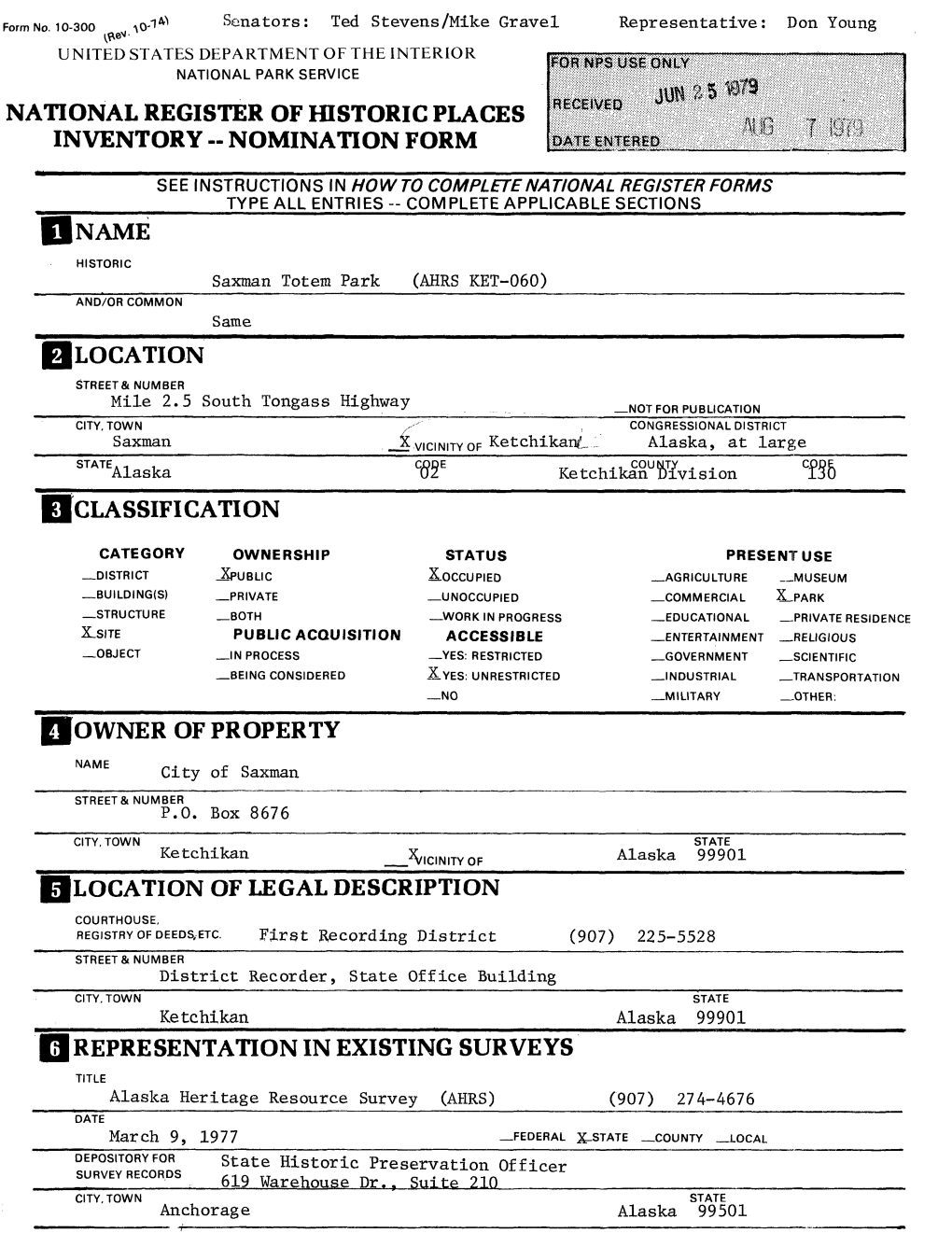 National Register of Historic Places Inventory -- Nomination Form Name Location Classification Owner of Property Location Of