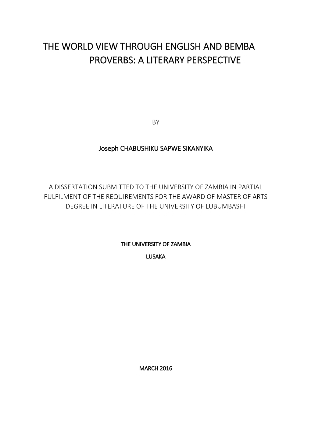 The World View Through English and Bemba Proverbs: a Literary Perspective