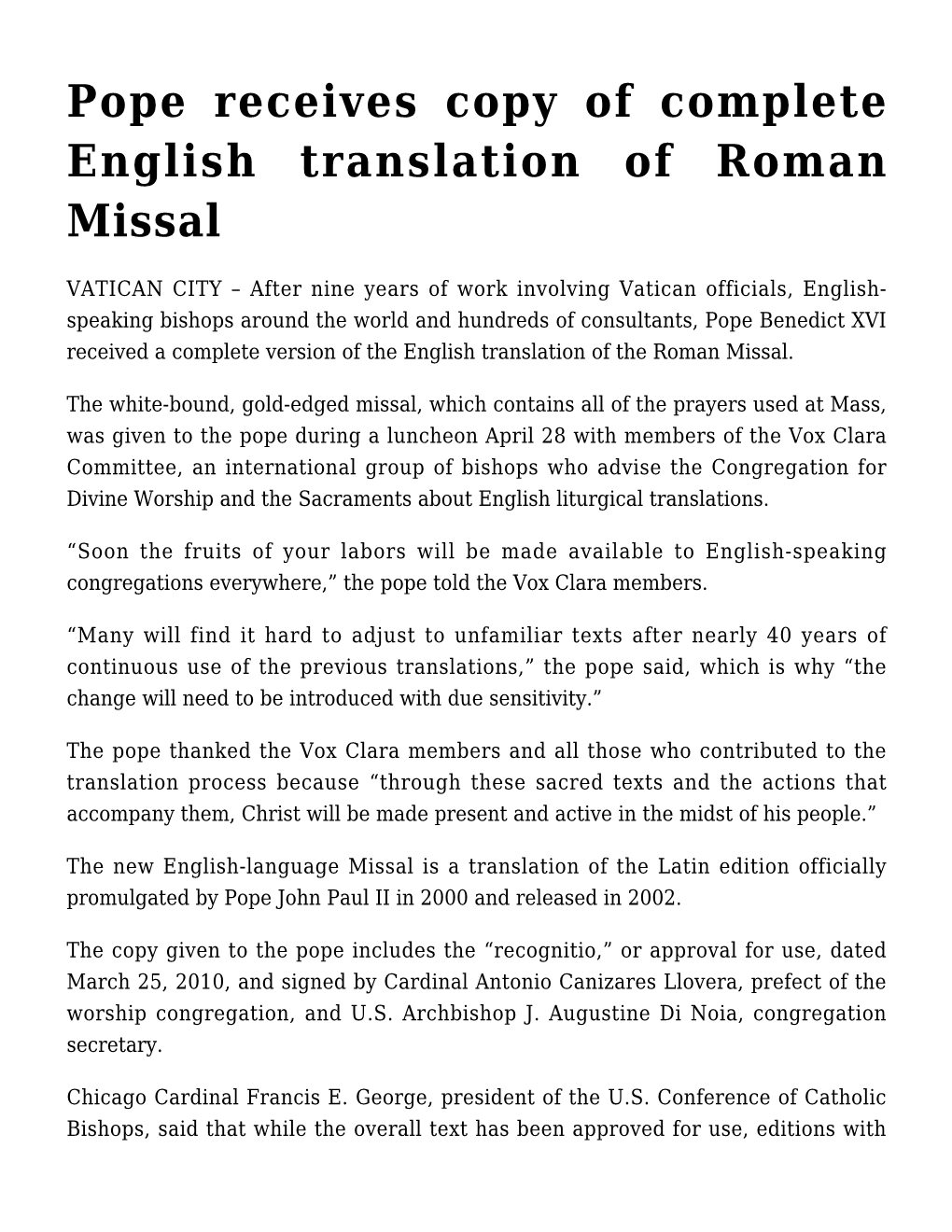 Pope Receives Copy of Complete English Translation of Roman Missal