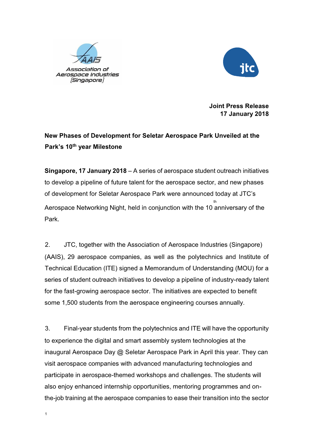 New Phases of Development for Seletar Aerospace Park Unveiled at the Park’S 10Th Year Milestone