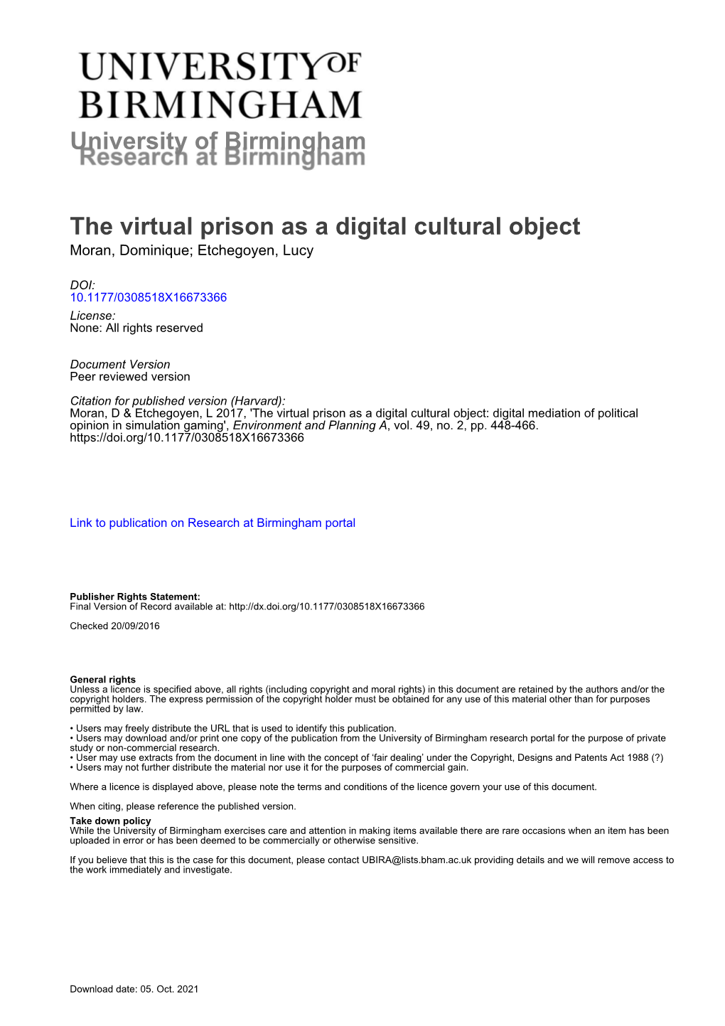 University of Birmingham the Virtual Prison As a Digital Cultural