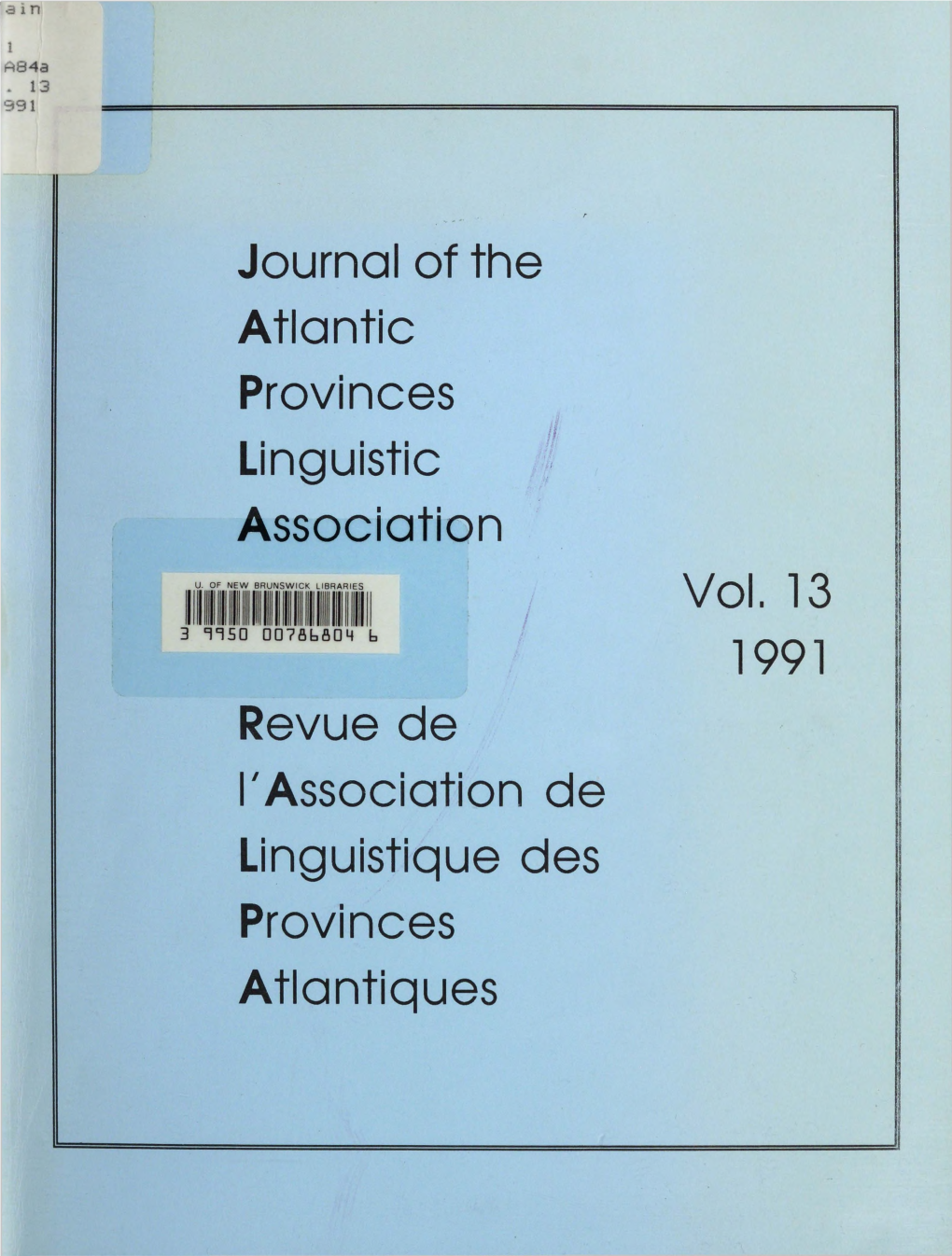 Volume 13, 1991 of NEW BRUNSWICK