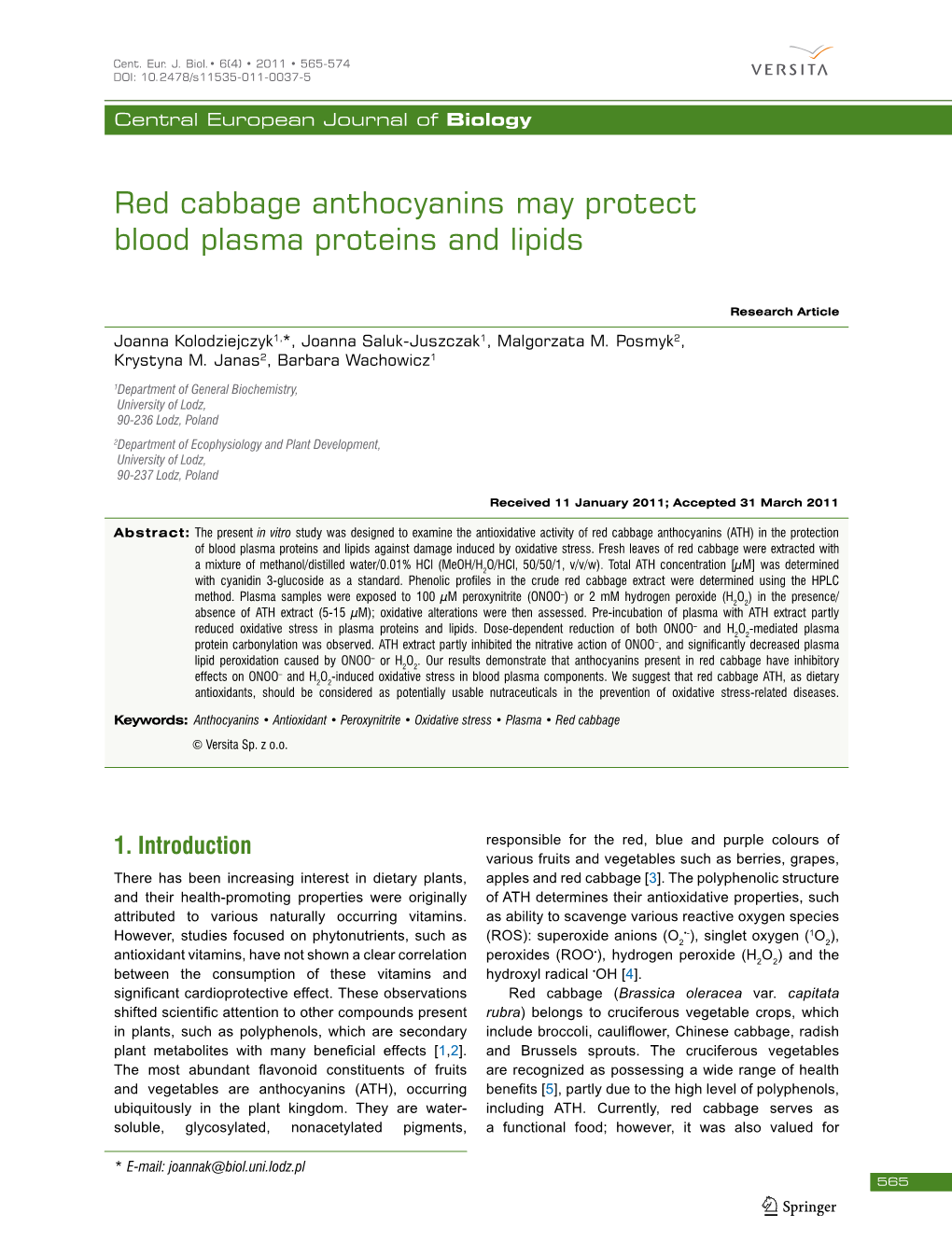 Red Cabbage Anthocyanins May Protect Blood Plasma Proteins and Lipids