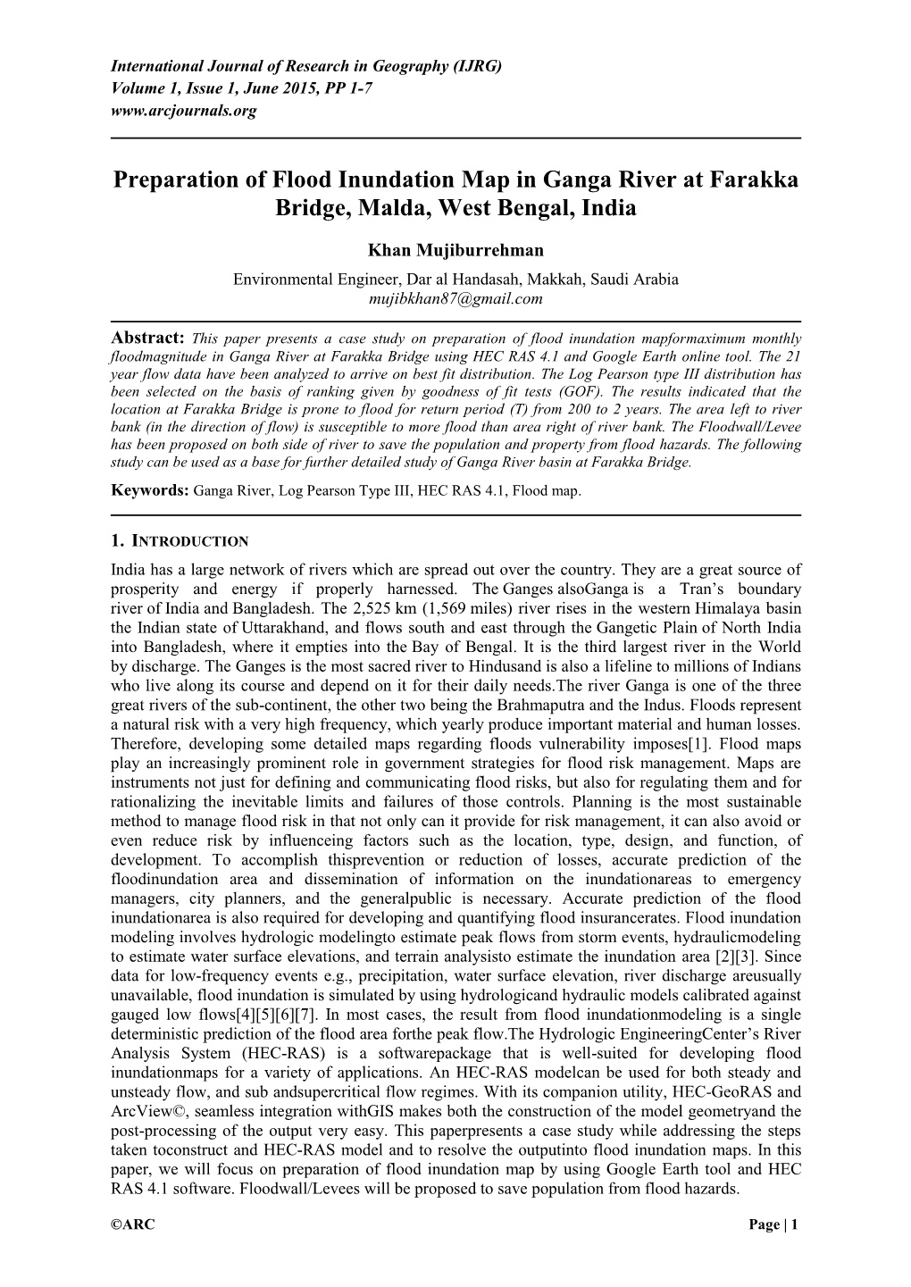 Preparation of Flood Inundation Map in Ganga River at Farakka Bridge, Malda, West Bengal, India