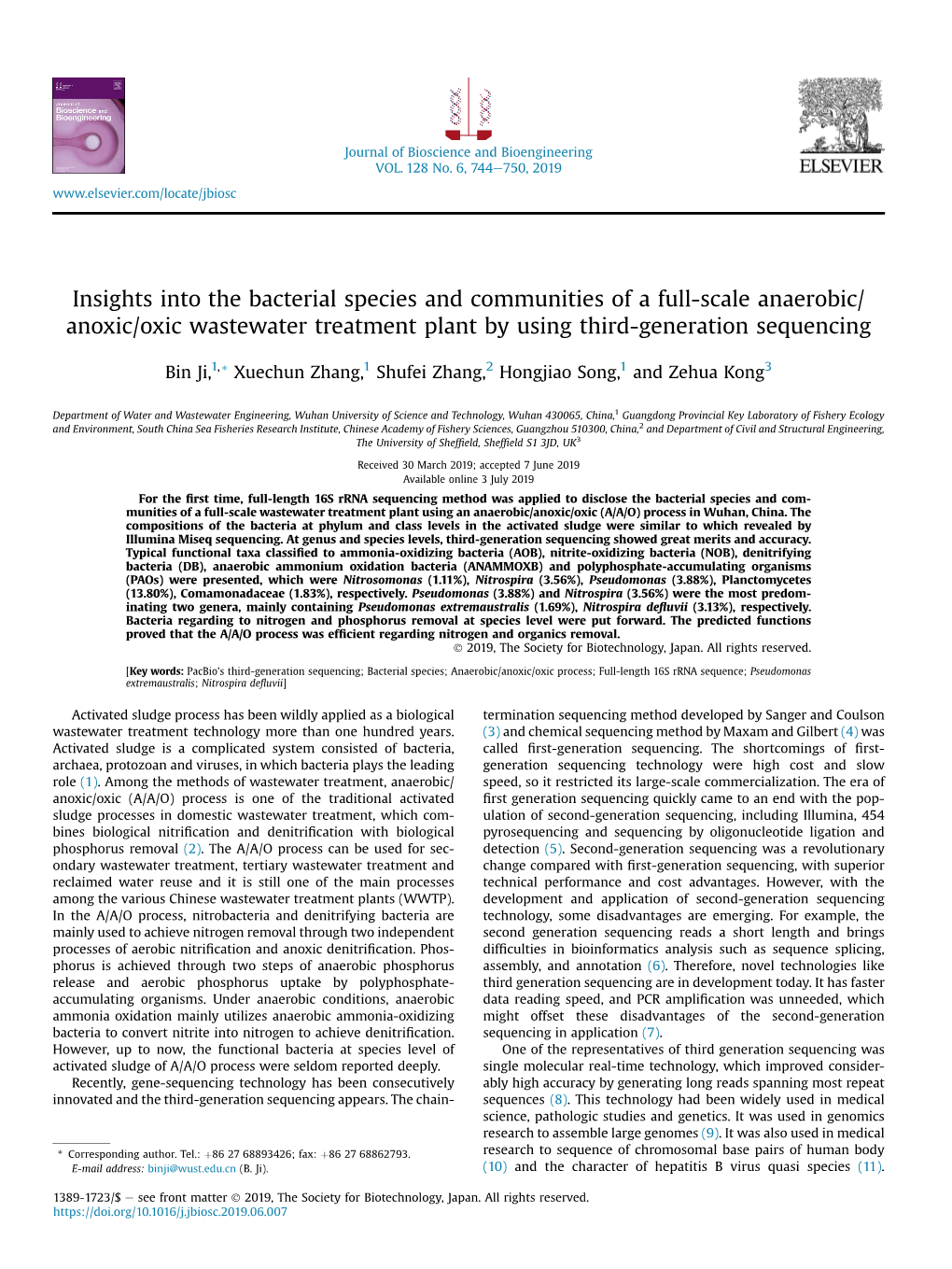 Insights Into the Bacterial Species and Communities of a Full-Scale Anaerobic/ Anoxic/Oxic Wastewater Treatment Plant by Using Third-Generation Sequencing