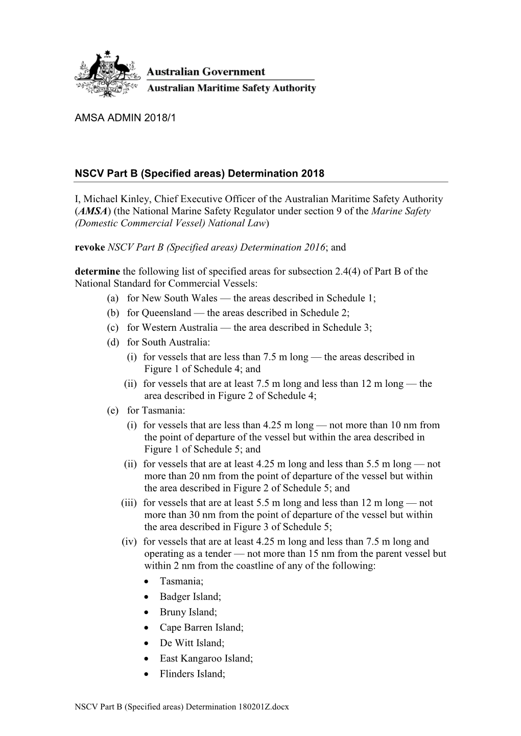 Specified Areas) Determination 2018