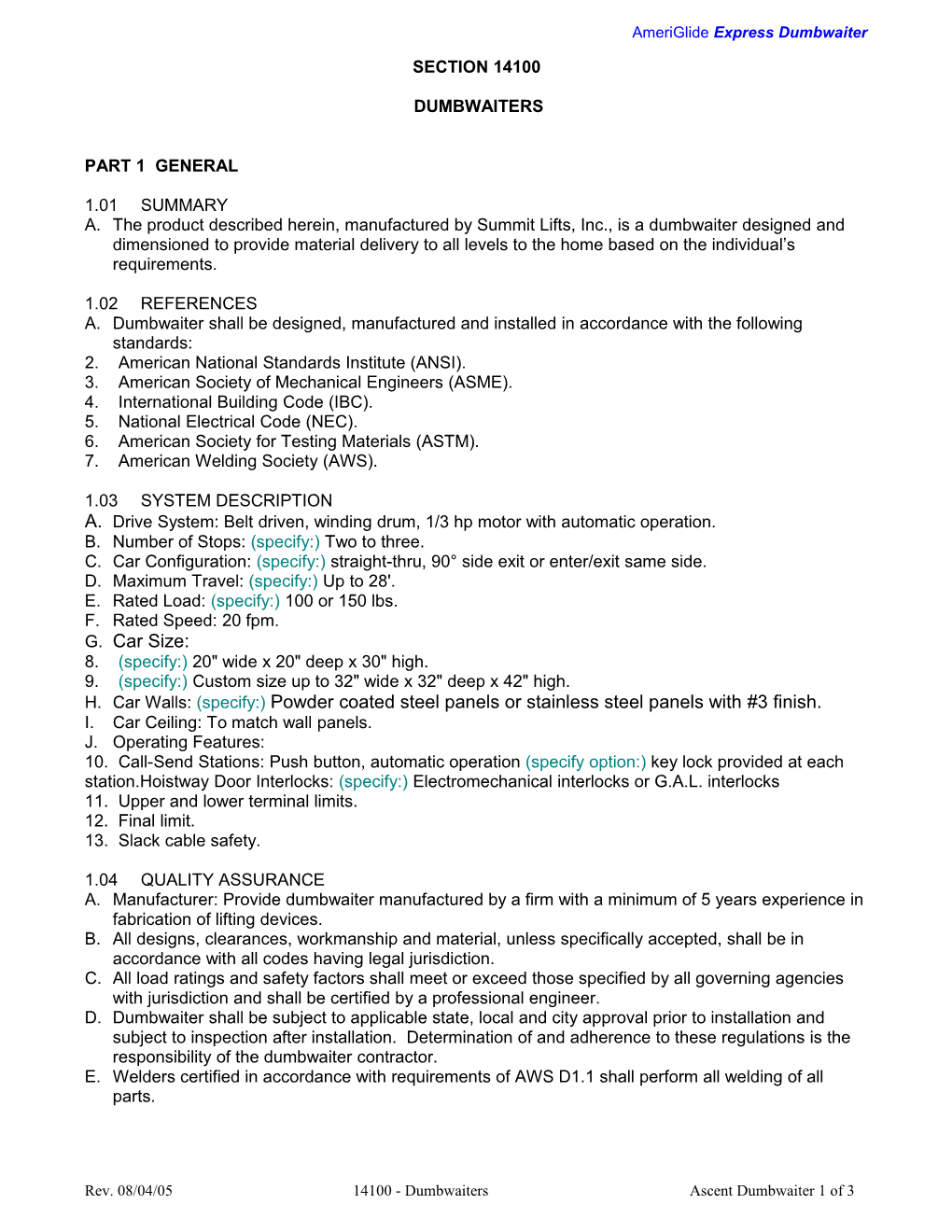 Specifications for Porch-Lift Model PL-S Installed in a Hoistway