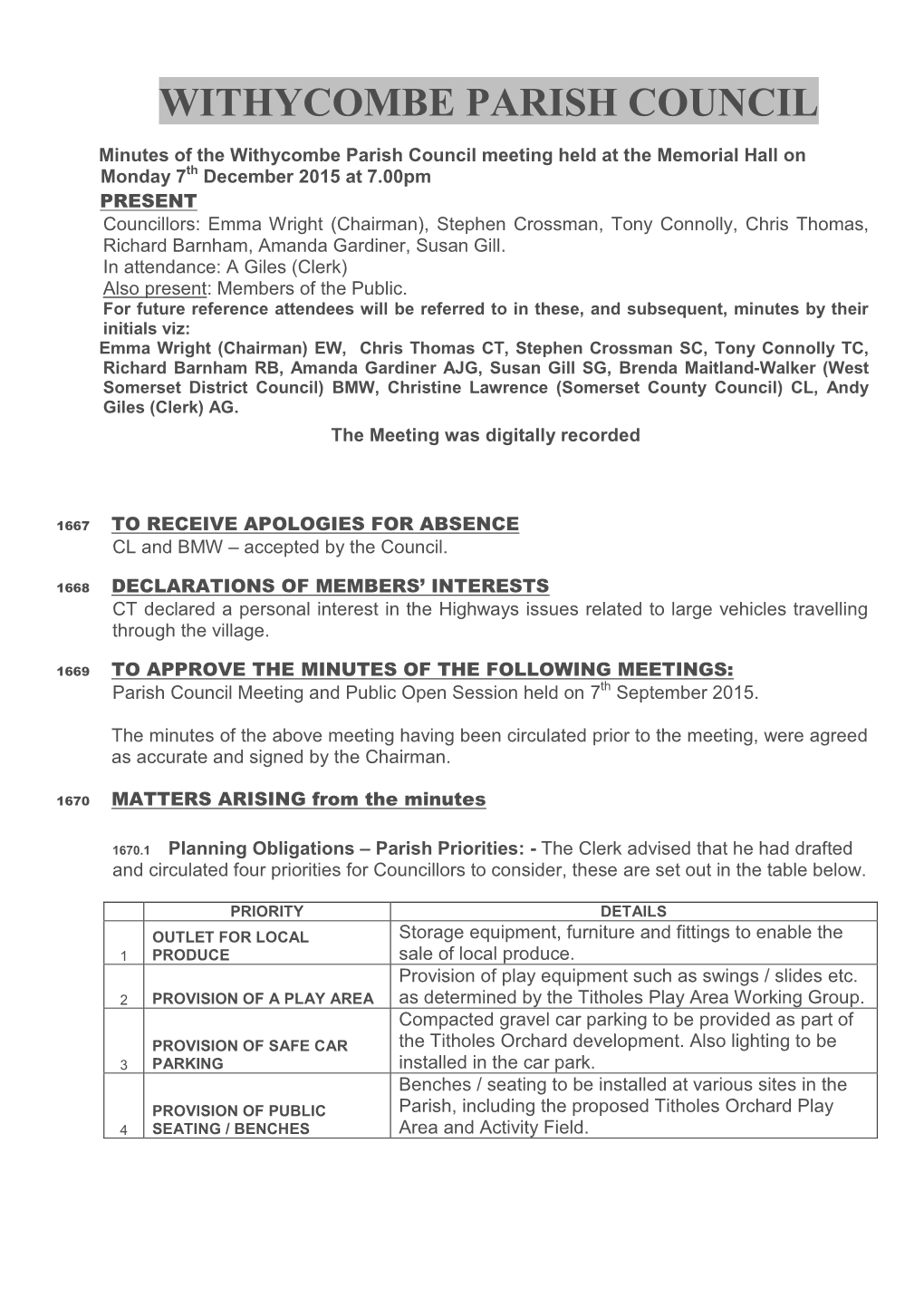 Parish Council Meeting December 2015