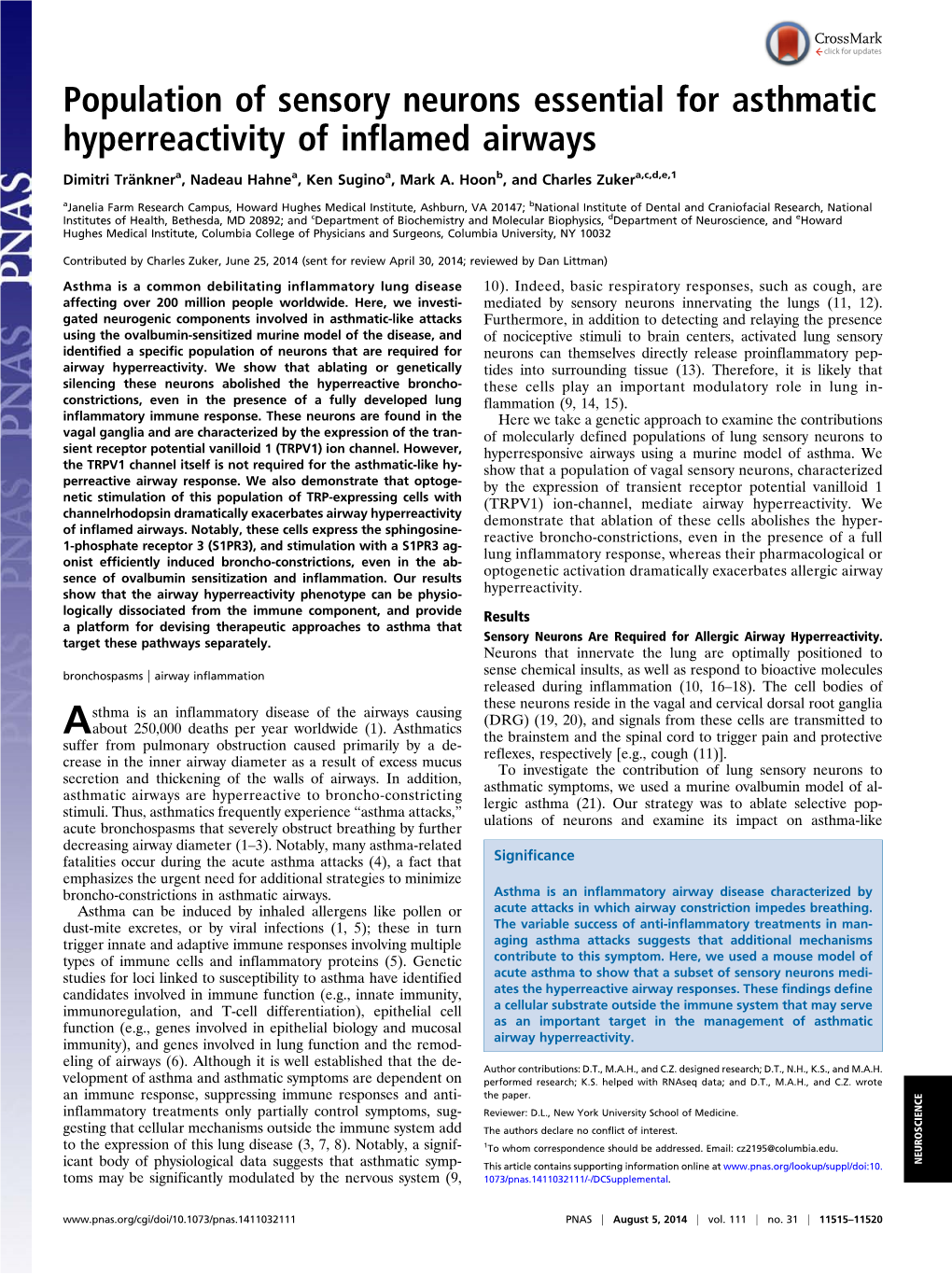 Population of Sensory Neurons Essential for Asthmatic Hyperreactivity of Inflamed Airways