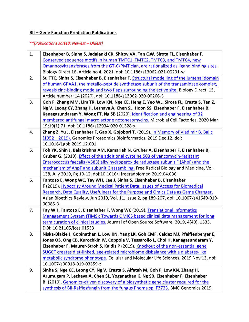 BII – Gene Function Prediction Publications 157 Goh F, Zhang MM, Lim TR, Low KN, Nge CE, Heng E, Yeo WL, Sirota FL, Crasta S