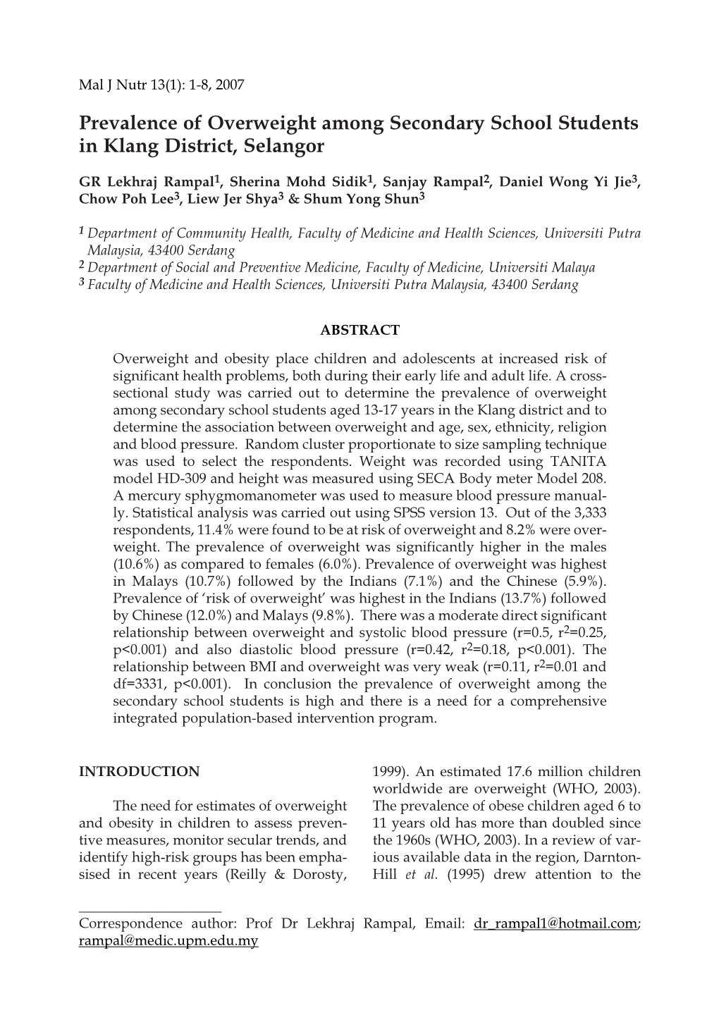 Prevalence of Overweight Among Secondary School Students in Klang District, Selangor