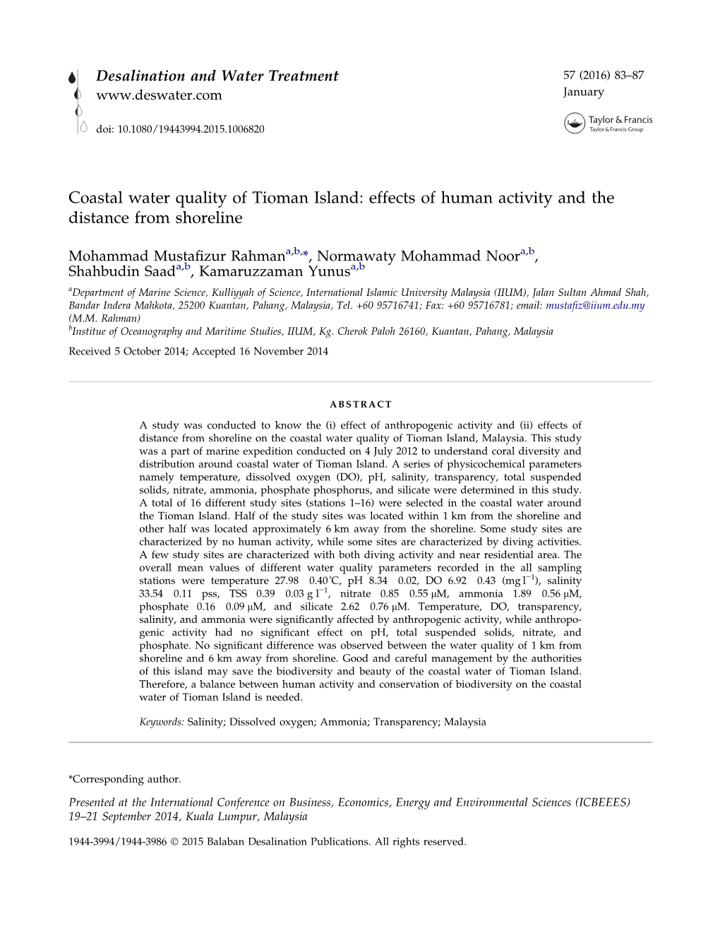 Coastal Water Quality of Tioman Island: Effects of Human Activity and the Distance from Shoreline