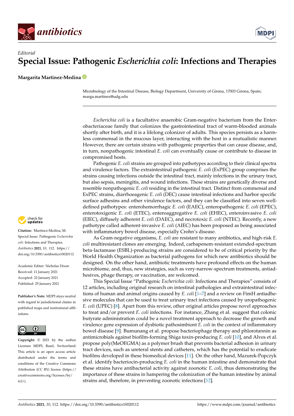 Special Issue: Pathogenic Escherichia Coli: Infections and Therapies