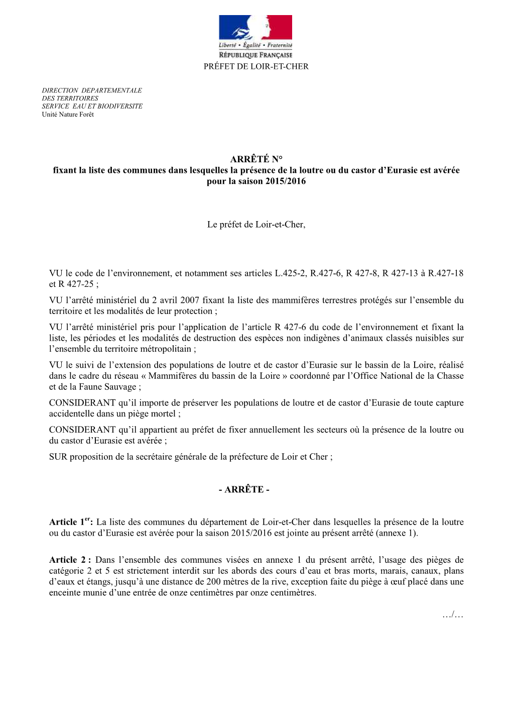 Arrêté LOUTRE CASTOR