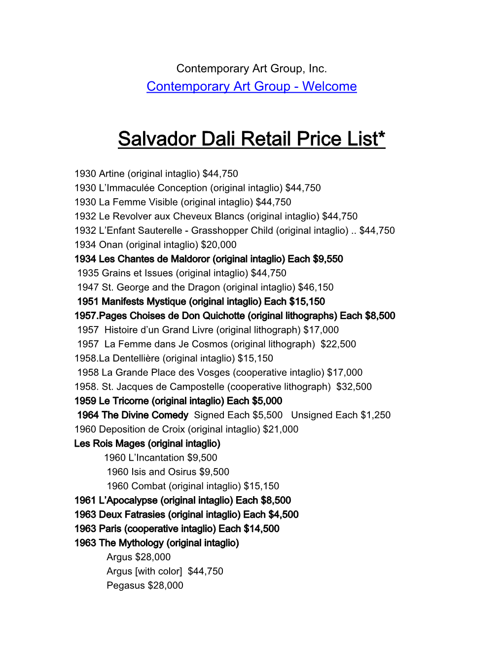 Salvador Dali Retail Price List*