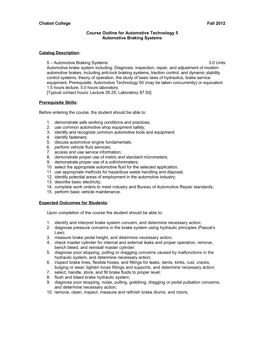 Course Outline for Automotive Technology 5, Page 3