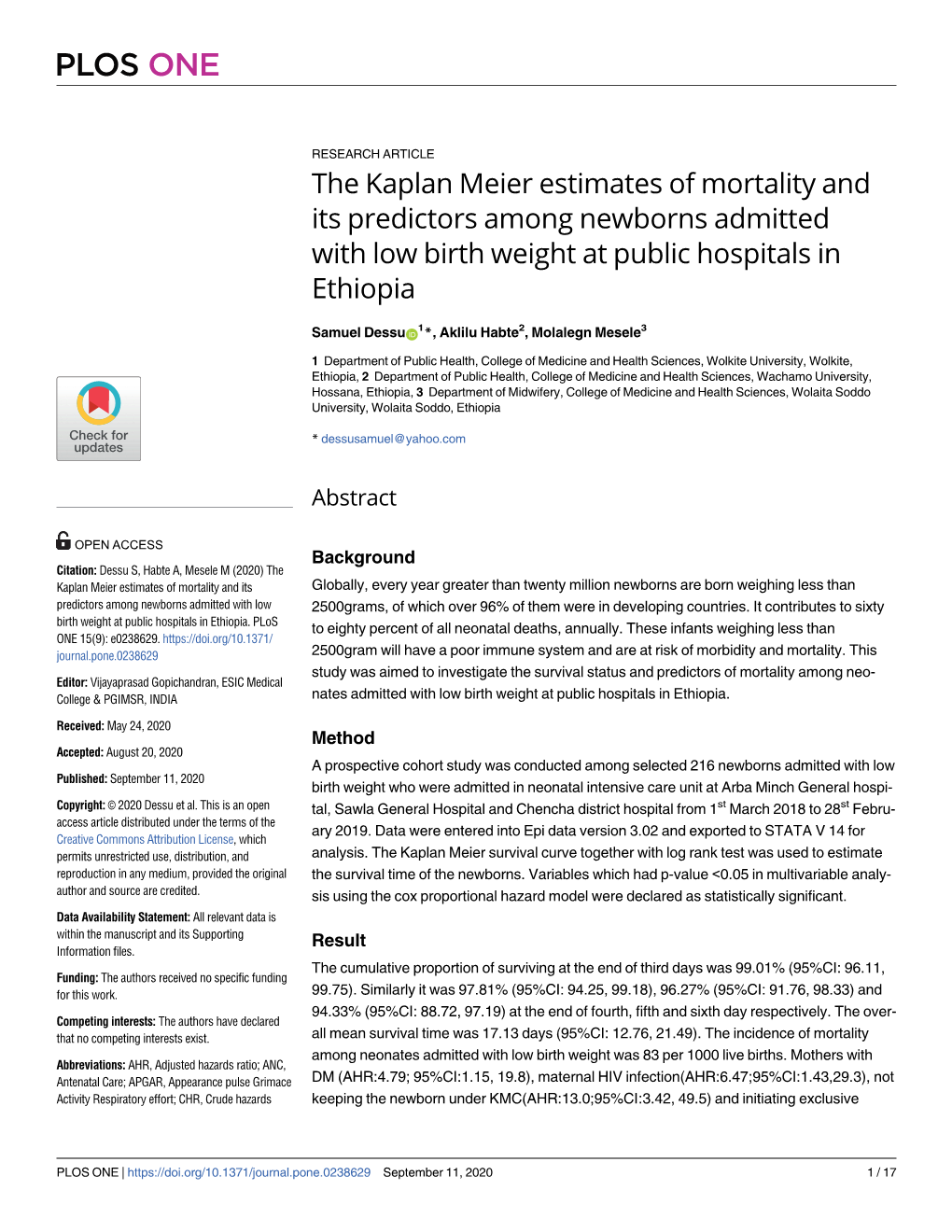 The Kaplan Meier Estimates of Mortality and Its Predictors Among Newborns Admitted with Low Birth Weight at Public Hospitals in Ethiopia