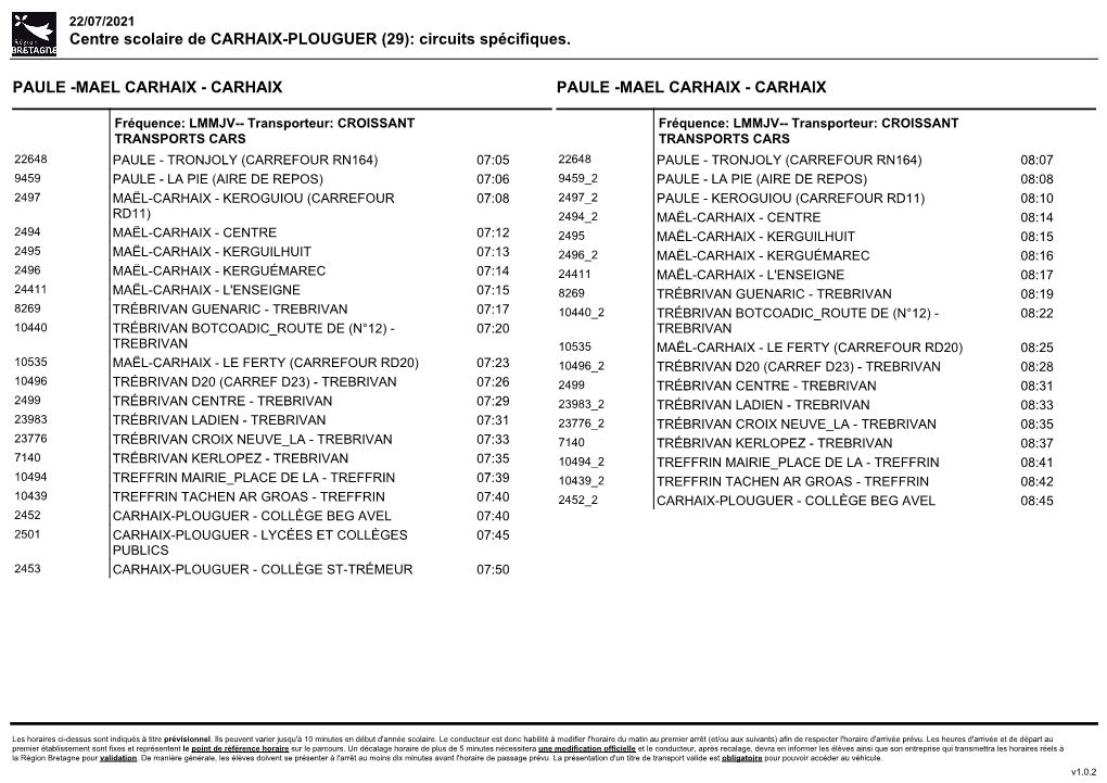 Centre Scolaire De CARHAIX-PLOUGUER (29): Circuits Spécifiques. PAULE -MAEL CARHAIX